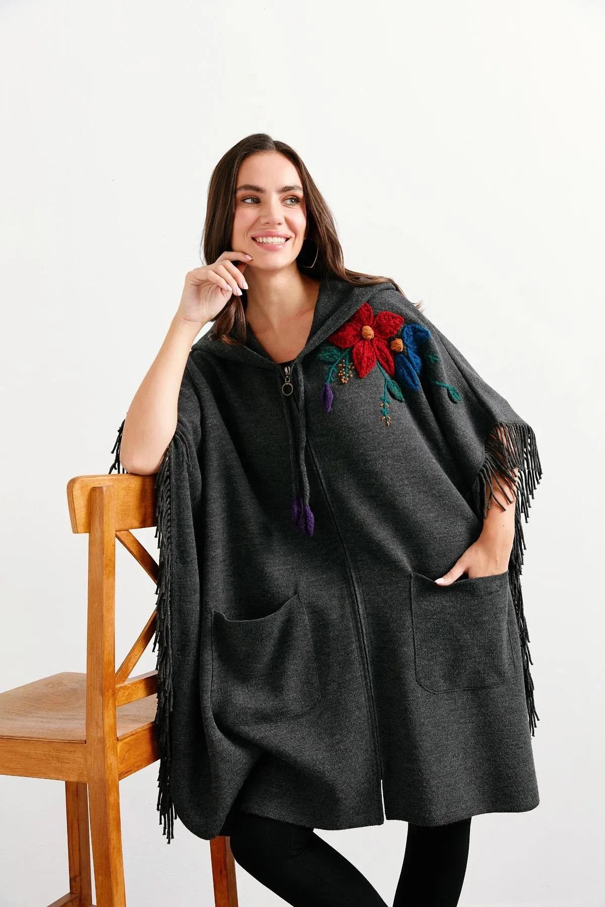 Hooded Shoulder Flower Embroidered Poncho
