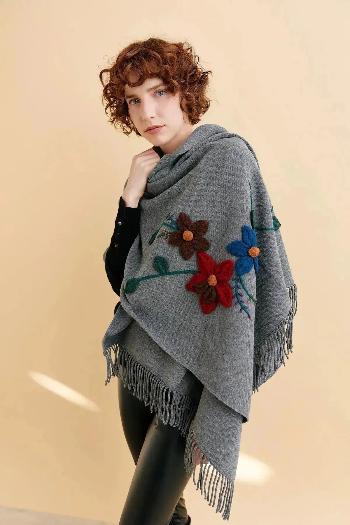 Women's Knitted Flower Embroidered Tassel Shawl