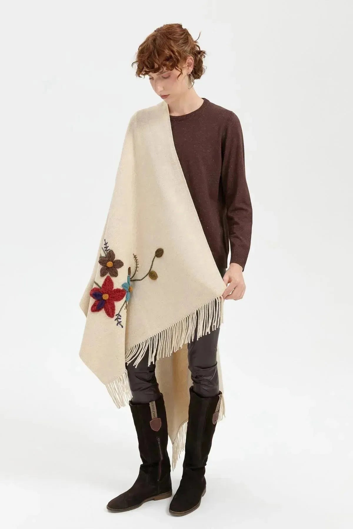 Women's Knitted Flower Embroidered Tassel Shawl