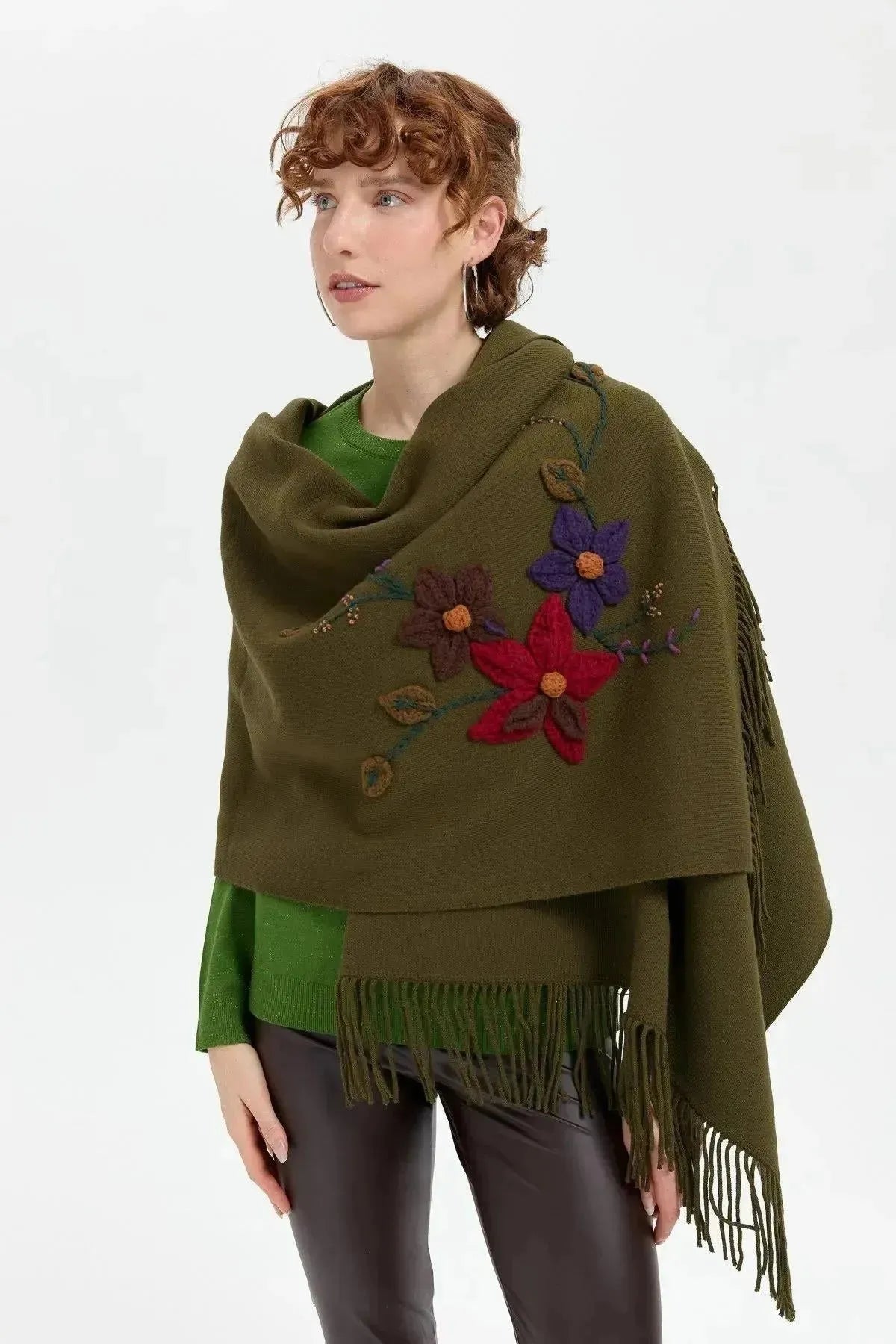 Women's Knitted Flower Embroidered Tassel Shawl