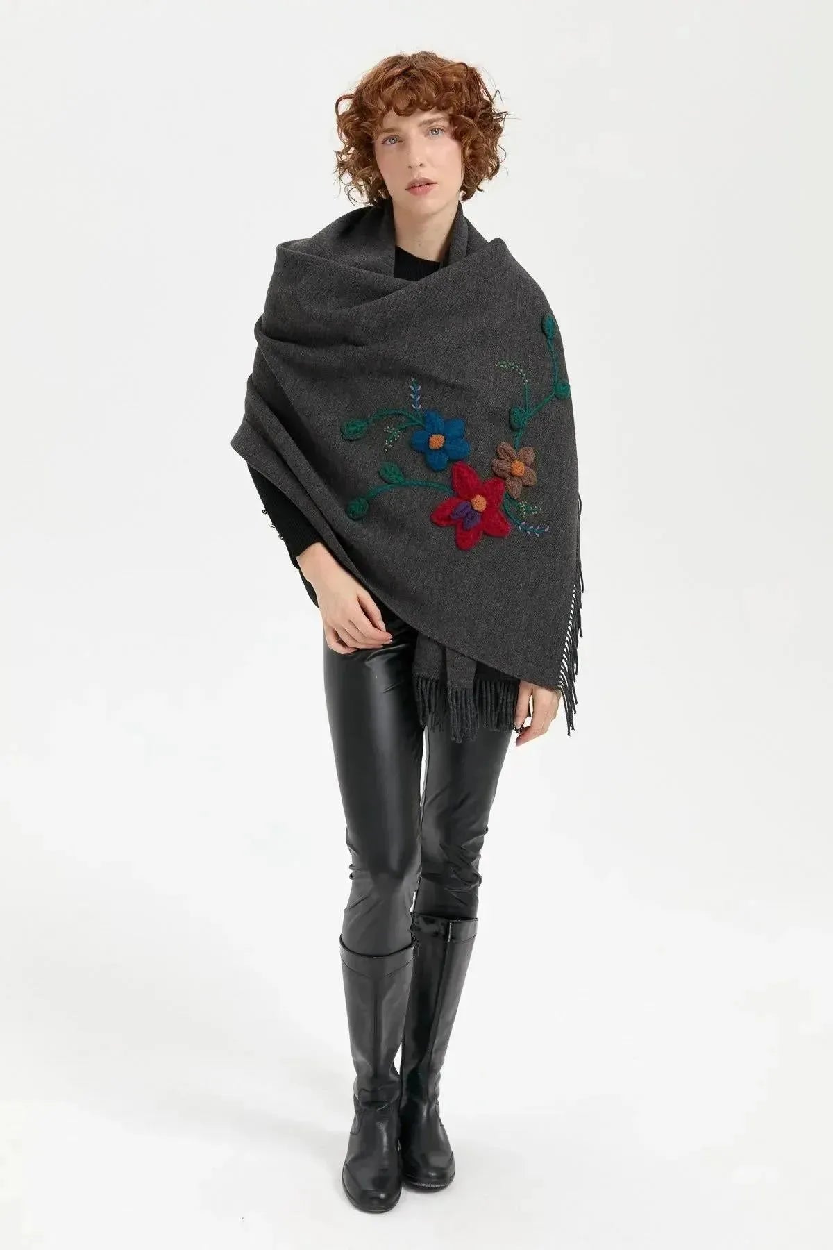 Women's Knitted Flower Embroidered Tassel Shawl