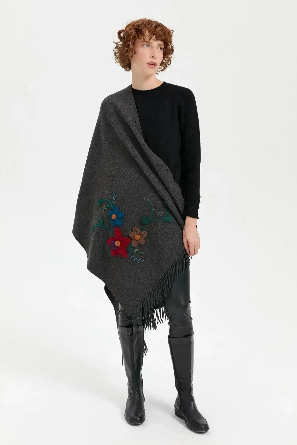 Women's Knitted Flower Embroidered Tassel Shawl