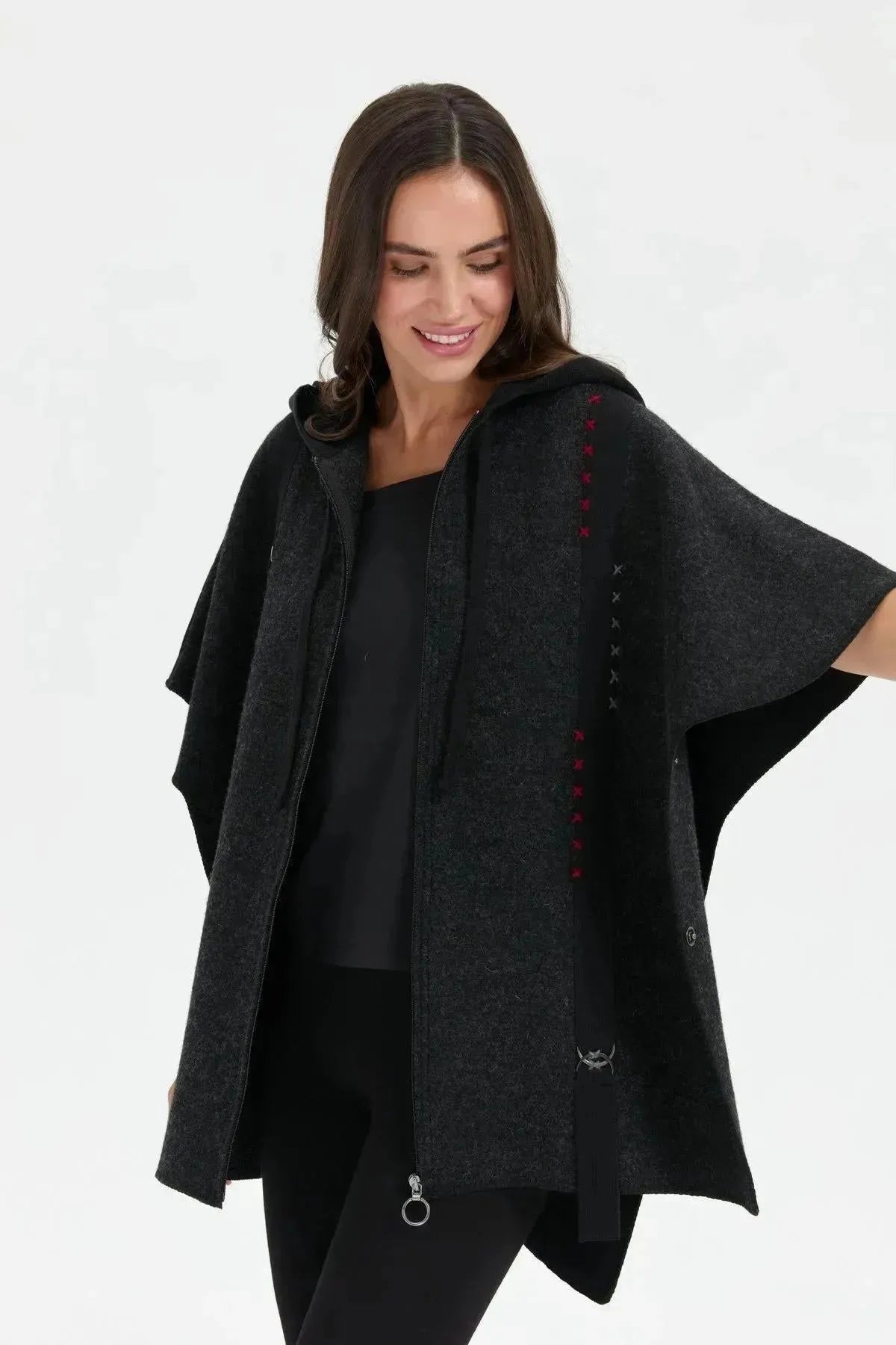 Women's Hooded Wool Poncho with Felt Embroidered Front and Zipper