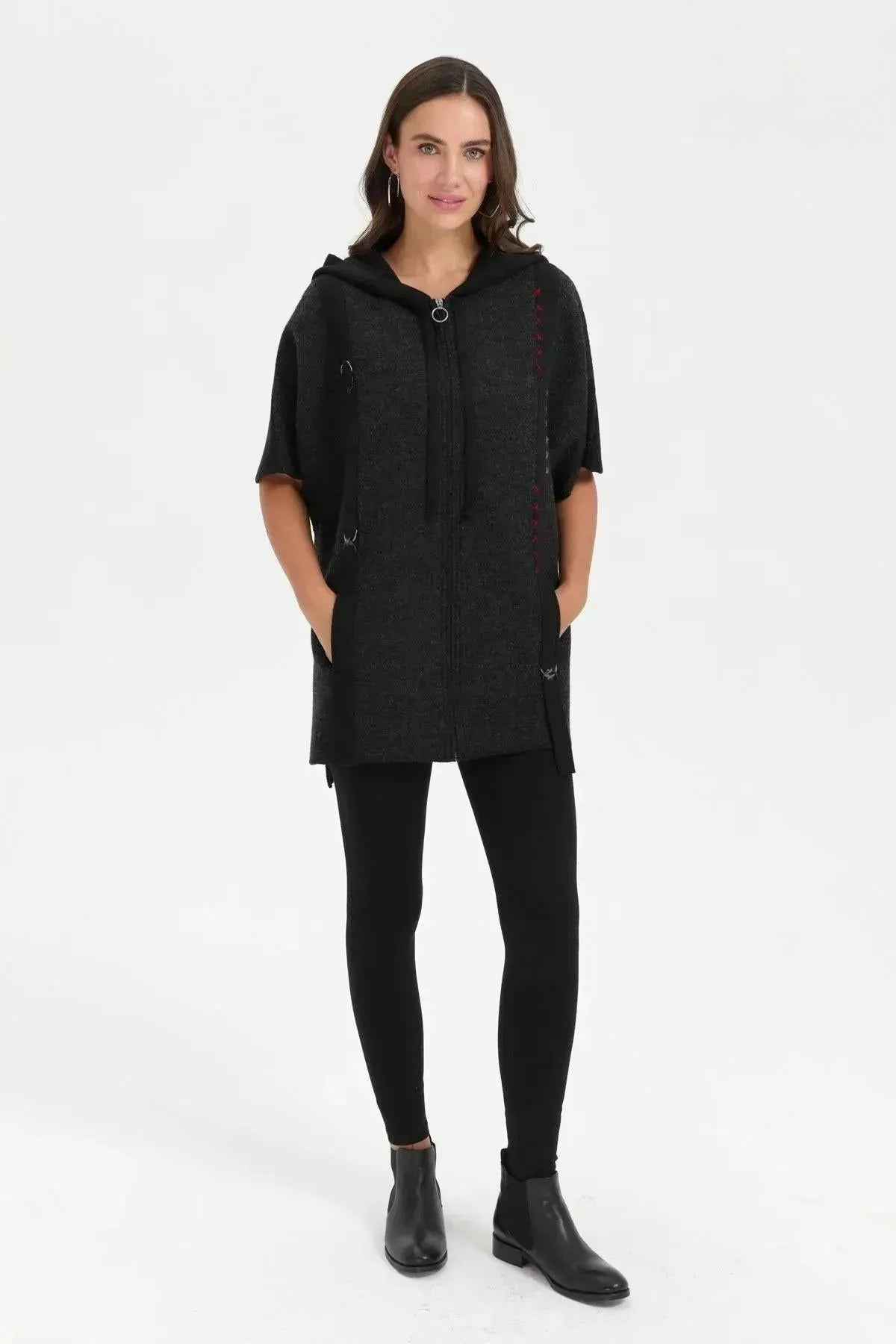 Women's Hooded Wool Poncho with Felt Embroidered Front and Zipper