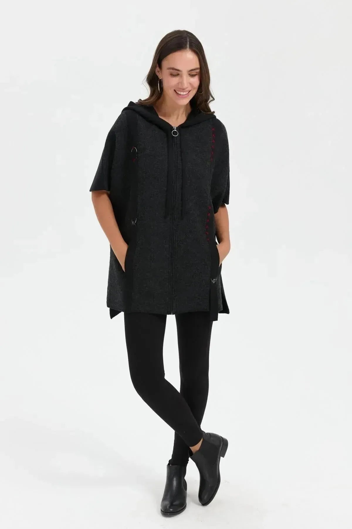 Women's Hooded Wool Poncho with Felt Embroidered Front and Zipper