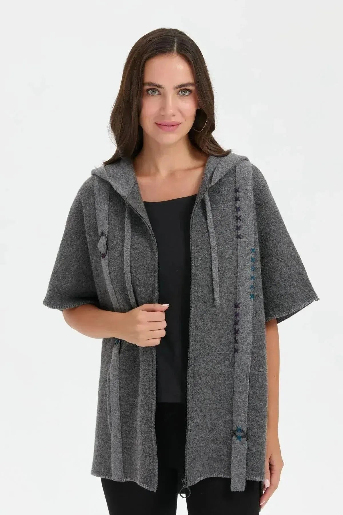 Women's Hooded Wool Poncho with Felt Embroidered Front and Zipper