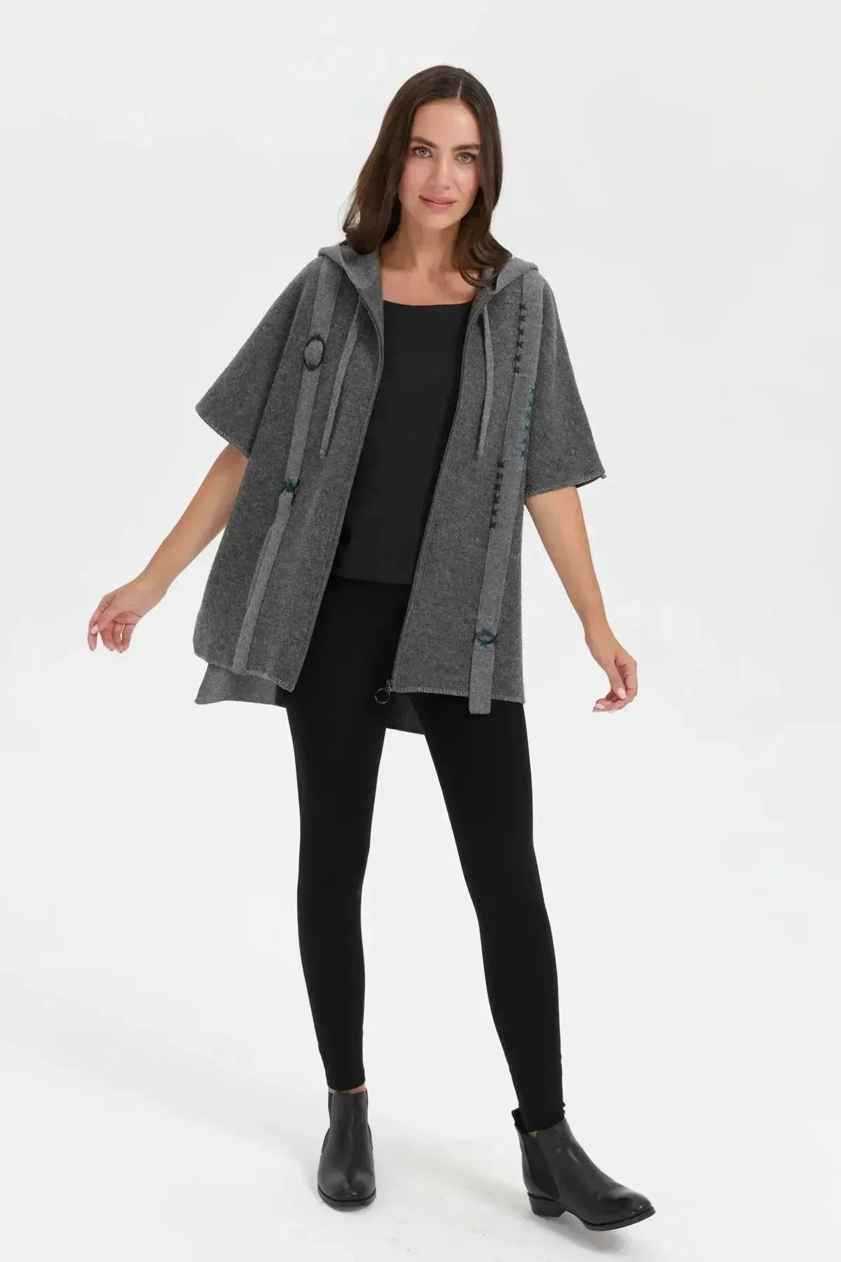 Women's Hooded Wool Poncho with Felt Embroidered Front and Zipper