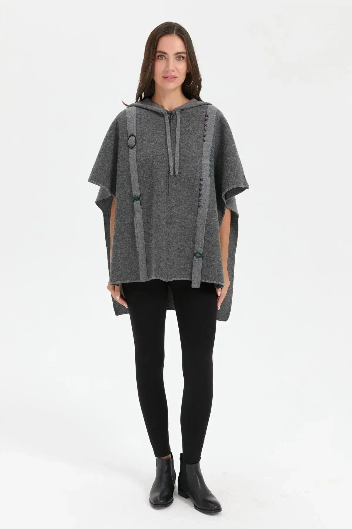 Women's Hooded Wool Poncho with Felt Embroidered Front and Zipper