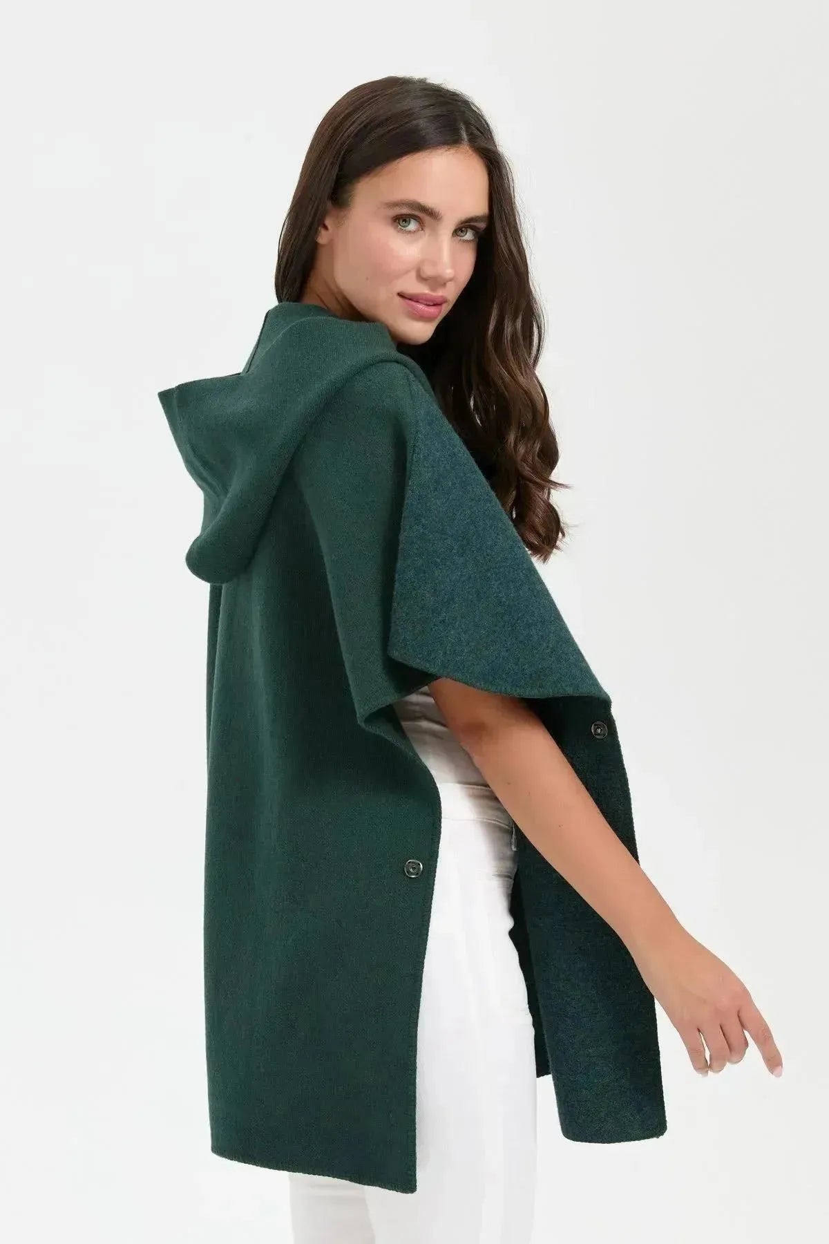 Women's Hooded Wool Poncho with Felt Embroidered Front and Zipper