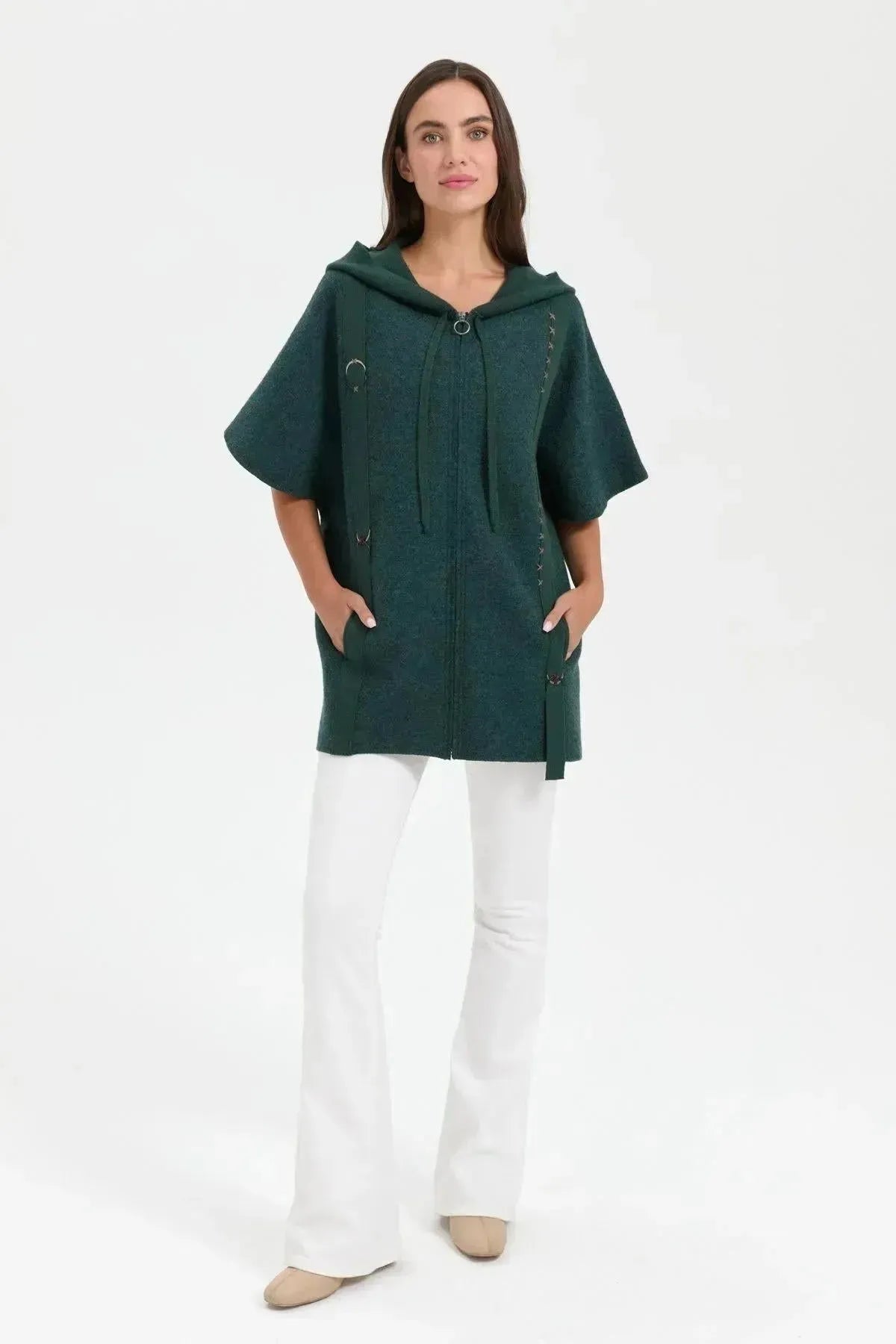 Women's Hooded Wool Poncho with Felt Embroidered Front and Zipper