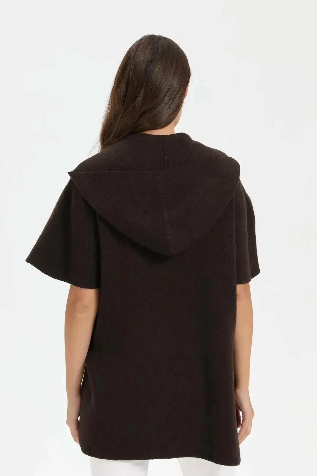 Women's Hooded Wool Poncho with Felt Embroidered Front and Zipper