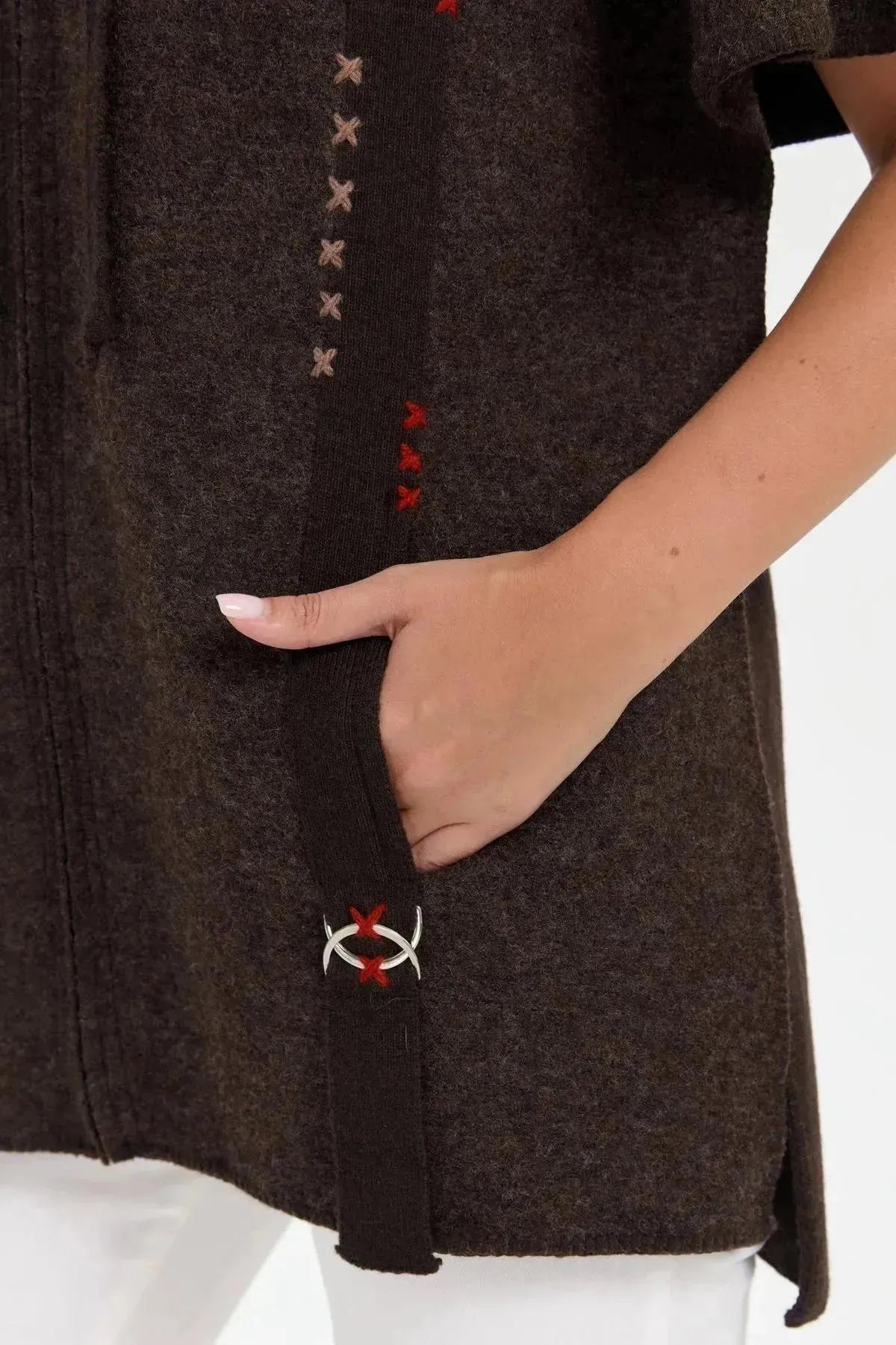 Women's Hooded Wool Poncho with Felt Embroidered Front and Zipper