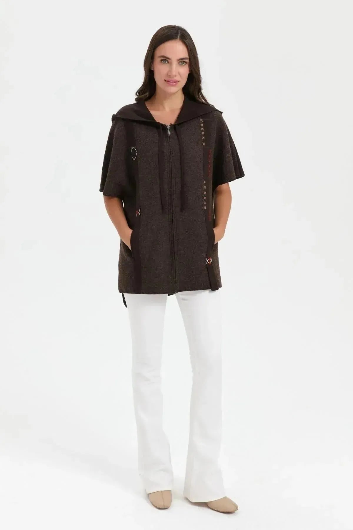 Women's Hooded Wool Poncho with Felt Embroidered Front and Zipper