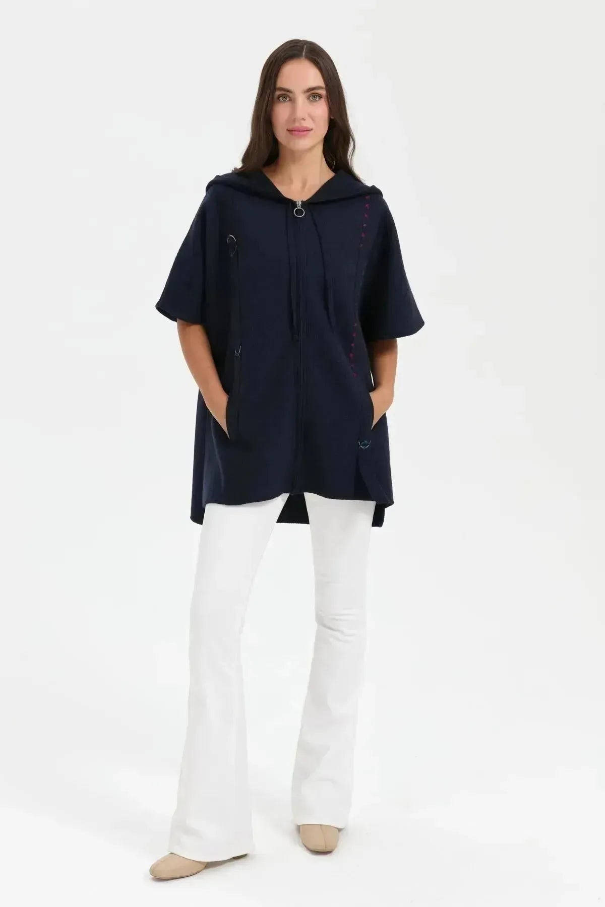 Women's Hooded Wool Poncho with Felt Embroidered Front and Zipper