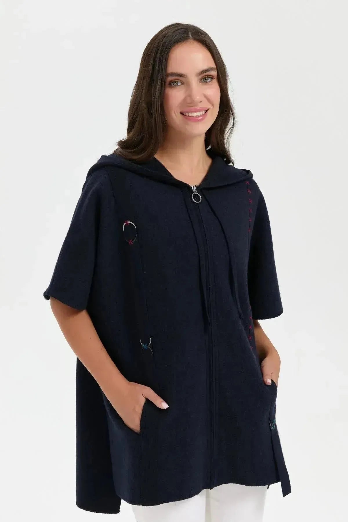 Women's Hooded Wool Poncho with Felt Embroidered Front and Zipper