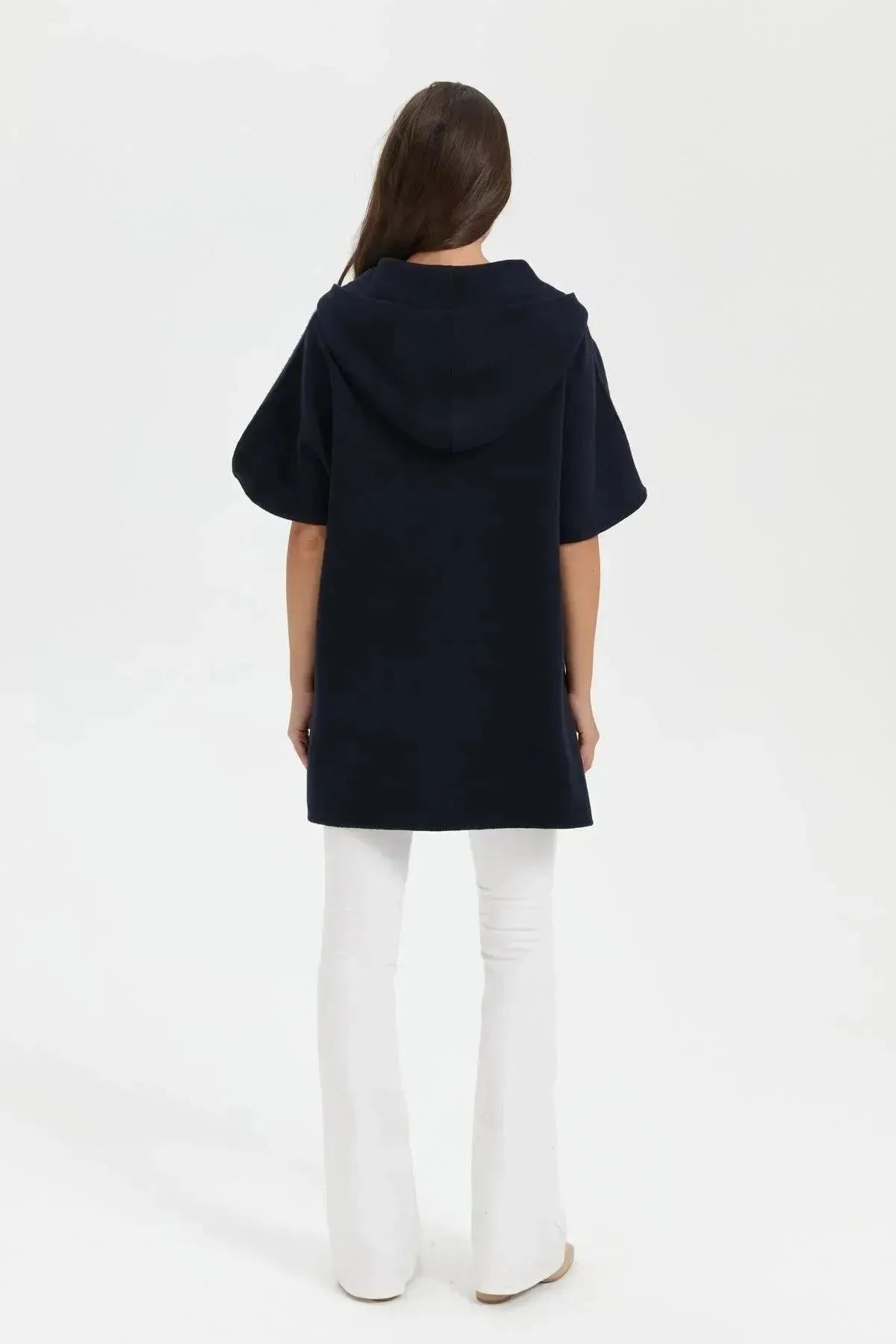 Women's Hooded Wool Poncho with Felt Embroidered Front and Zipper