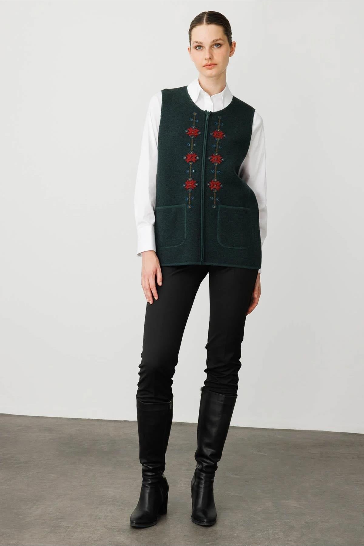 Crew Neck Embroidered Front Zippered Vest