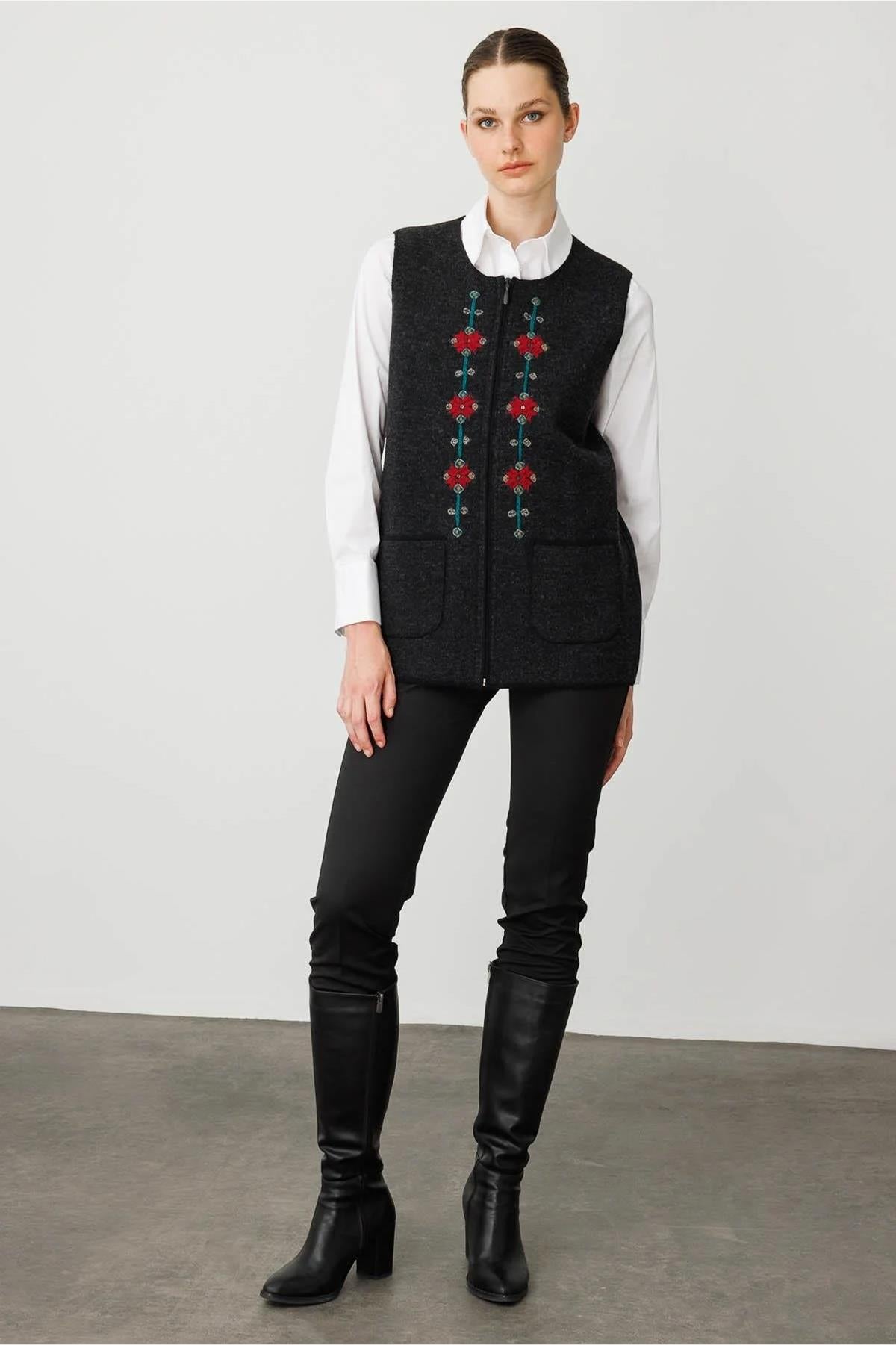 Crew Neck Embroidered Front Zippered Vest