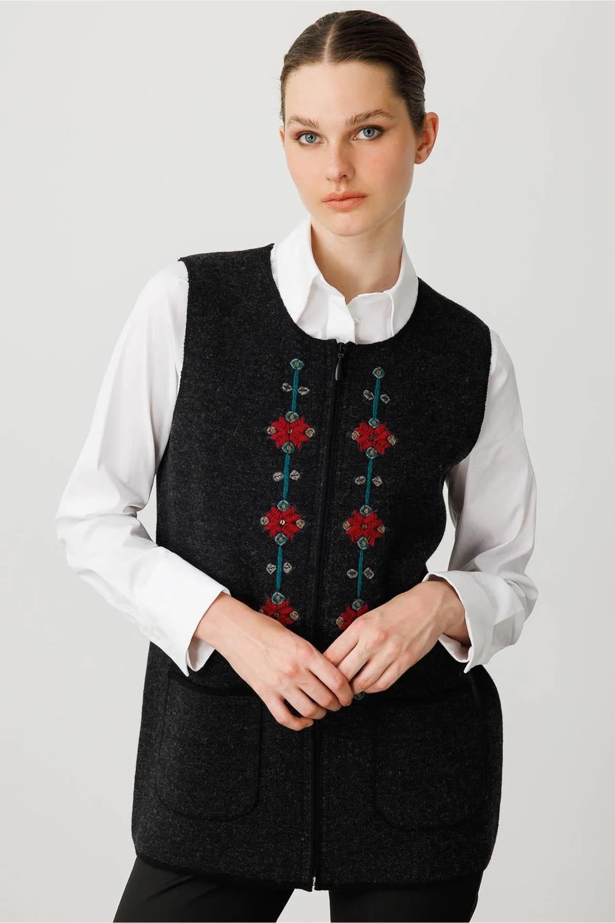 Crew Neck Embroidered Front Zippered Vest
