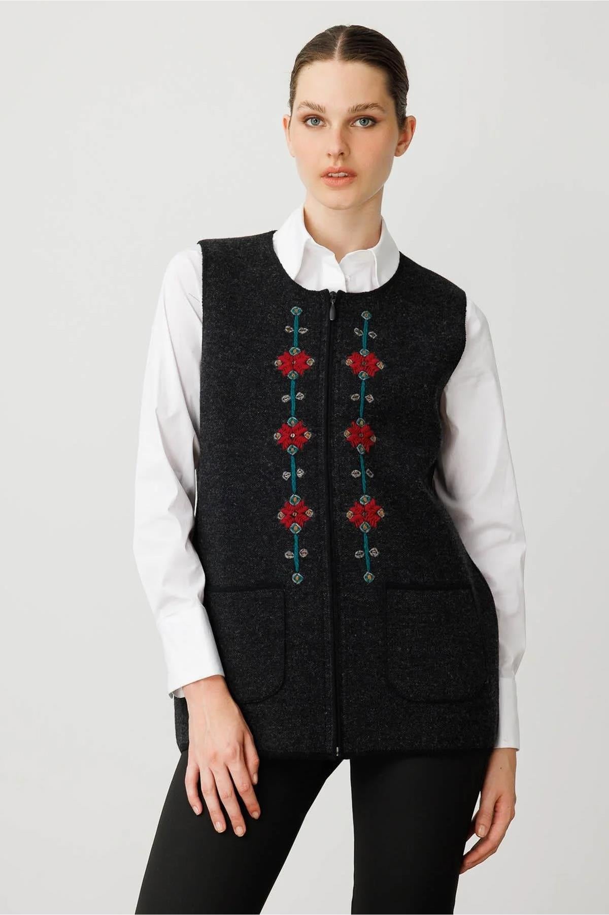 Crew Neck Embroidered Front Zippered Vest