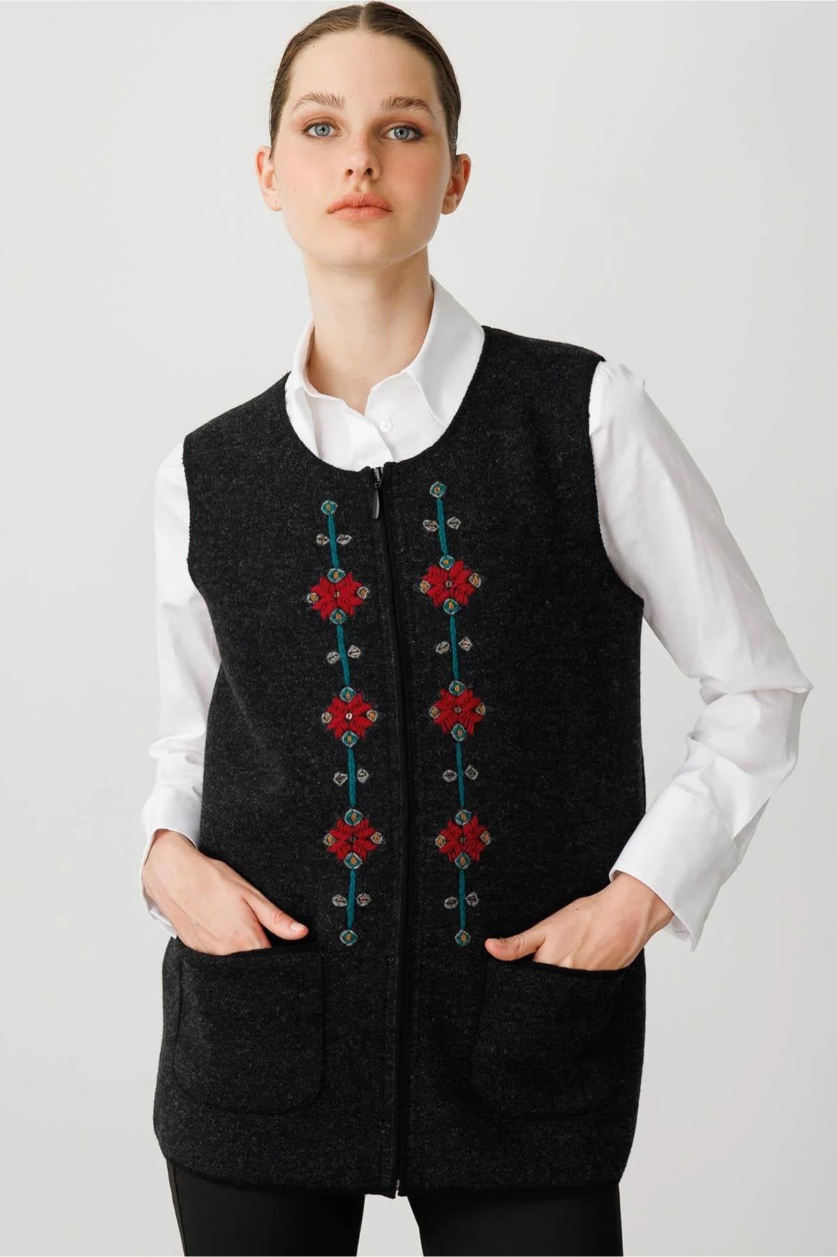 Crew Neck Embroidered Front Zippered Vest
