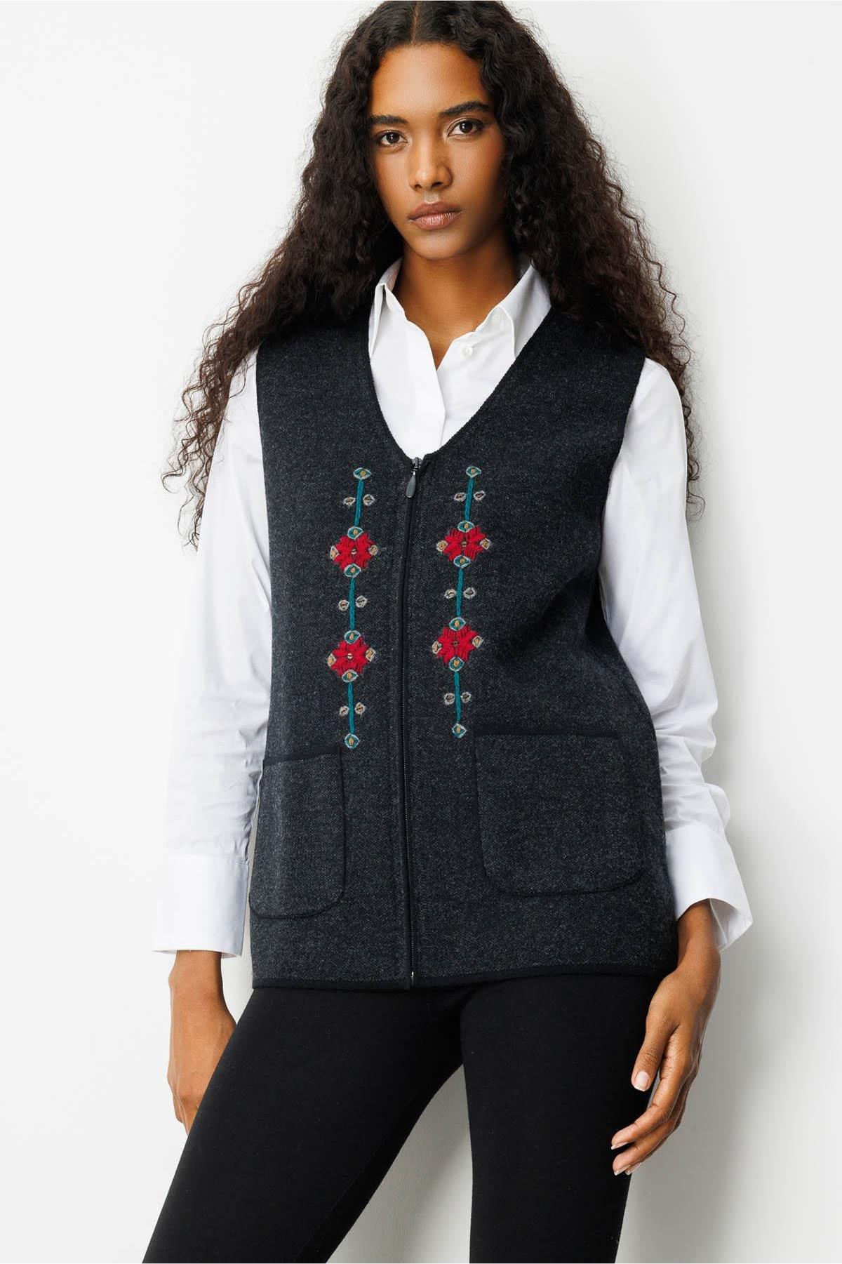 V-Neck Embroidered Zippered Short Vest