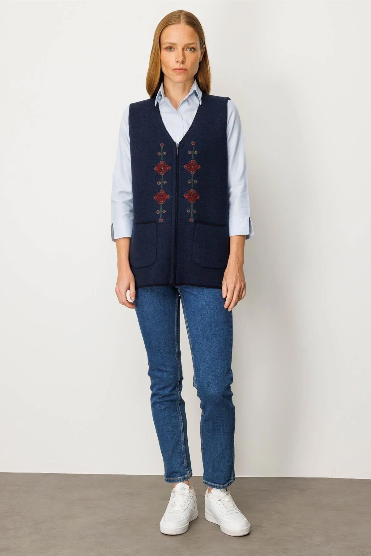 V-Neck Embroidered Zippered Short Vest