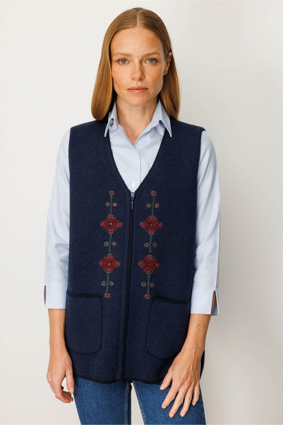 V-Neck Embroidered Zippered Short Vest