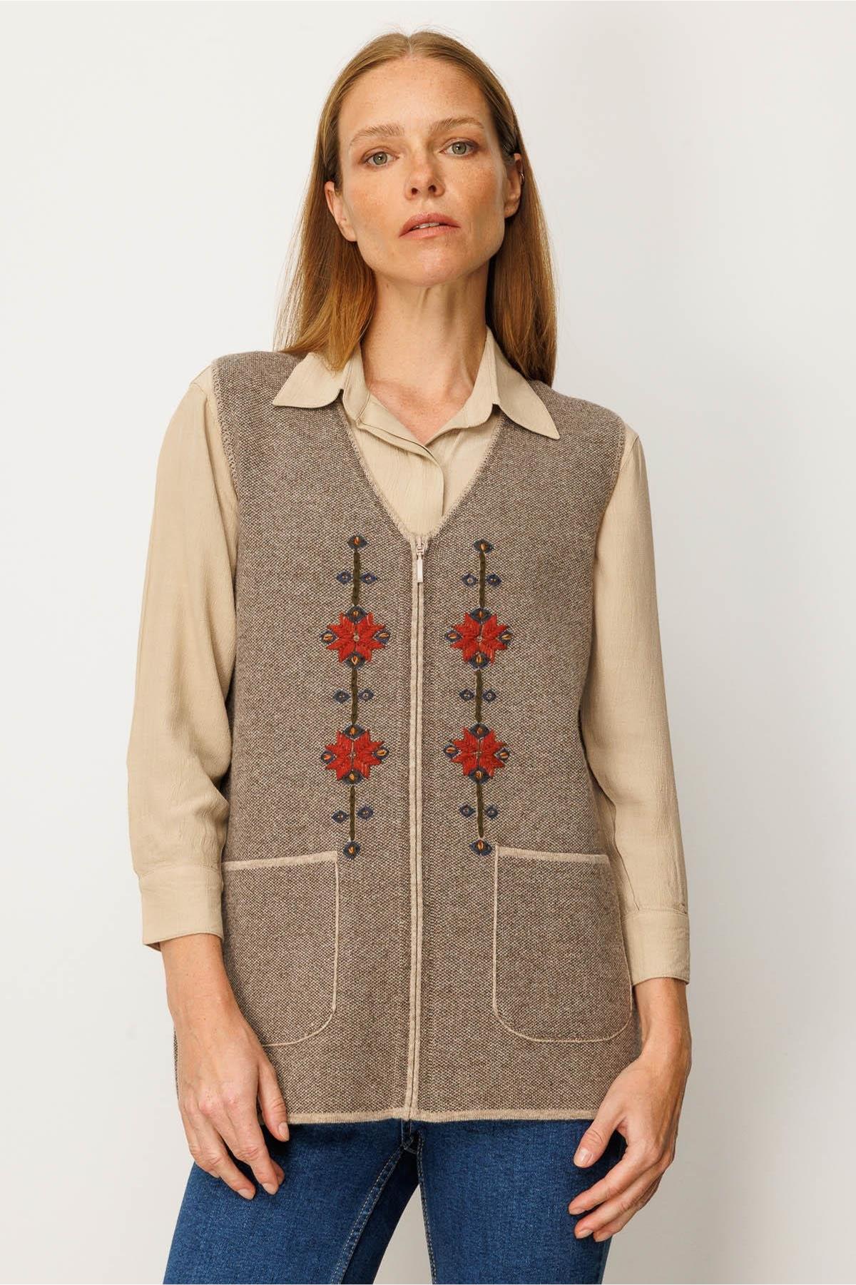 V-Neck Embroidered Zippered Short Vest