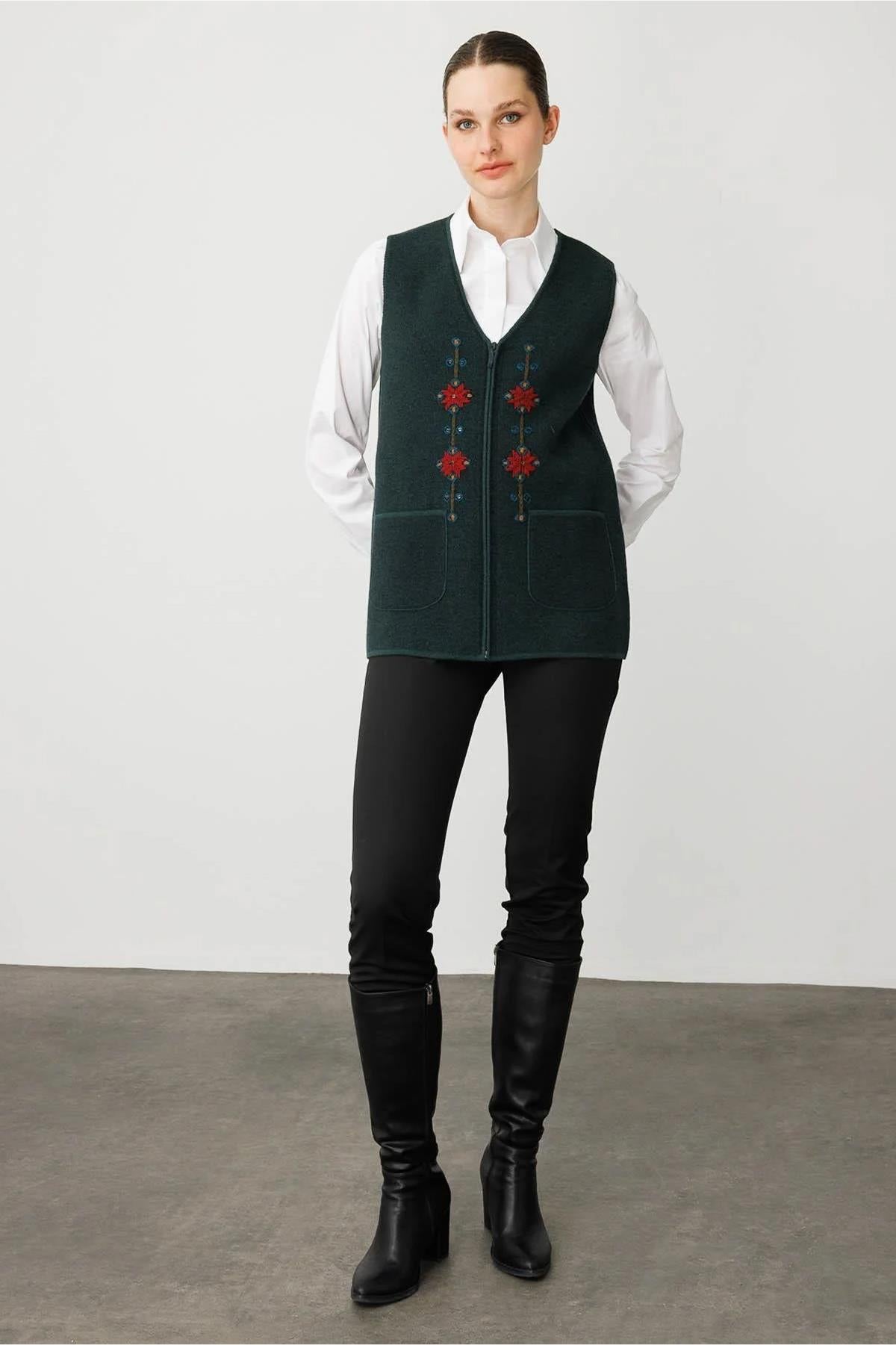 V-Neck Embroidered Zippered Short Vest