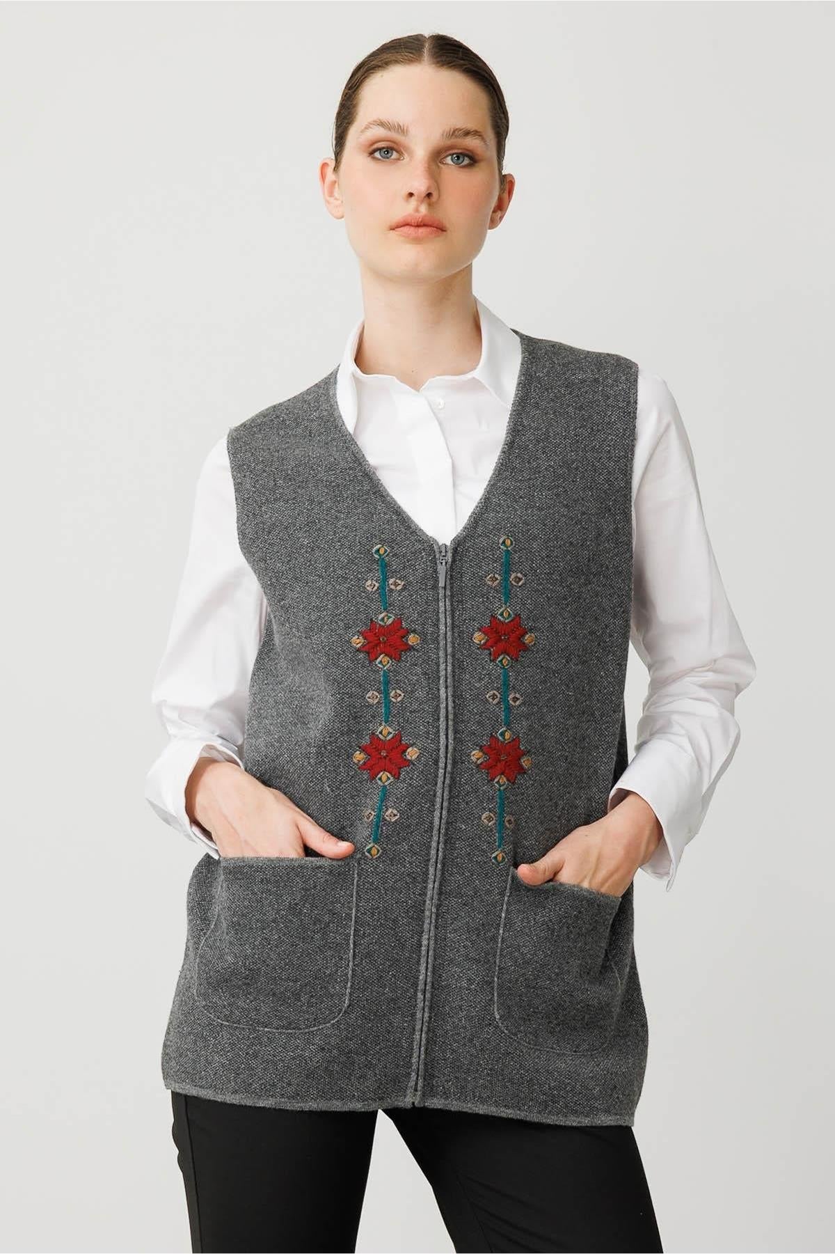 V-Neck Embroidered Zippered Short Vest