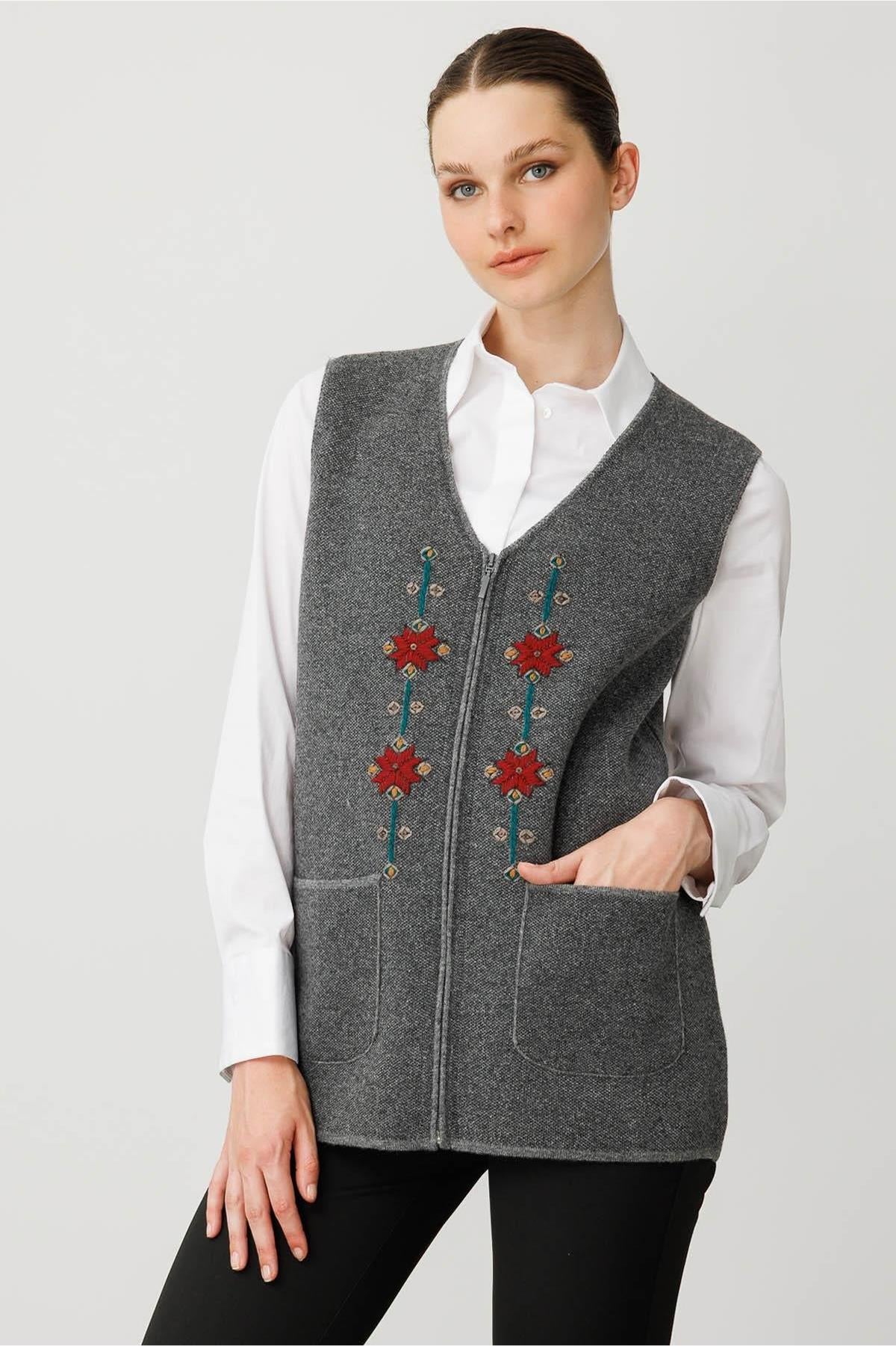 V-Neck Embroidered Zippered Short Vest