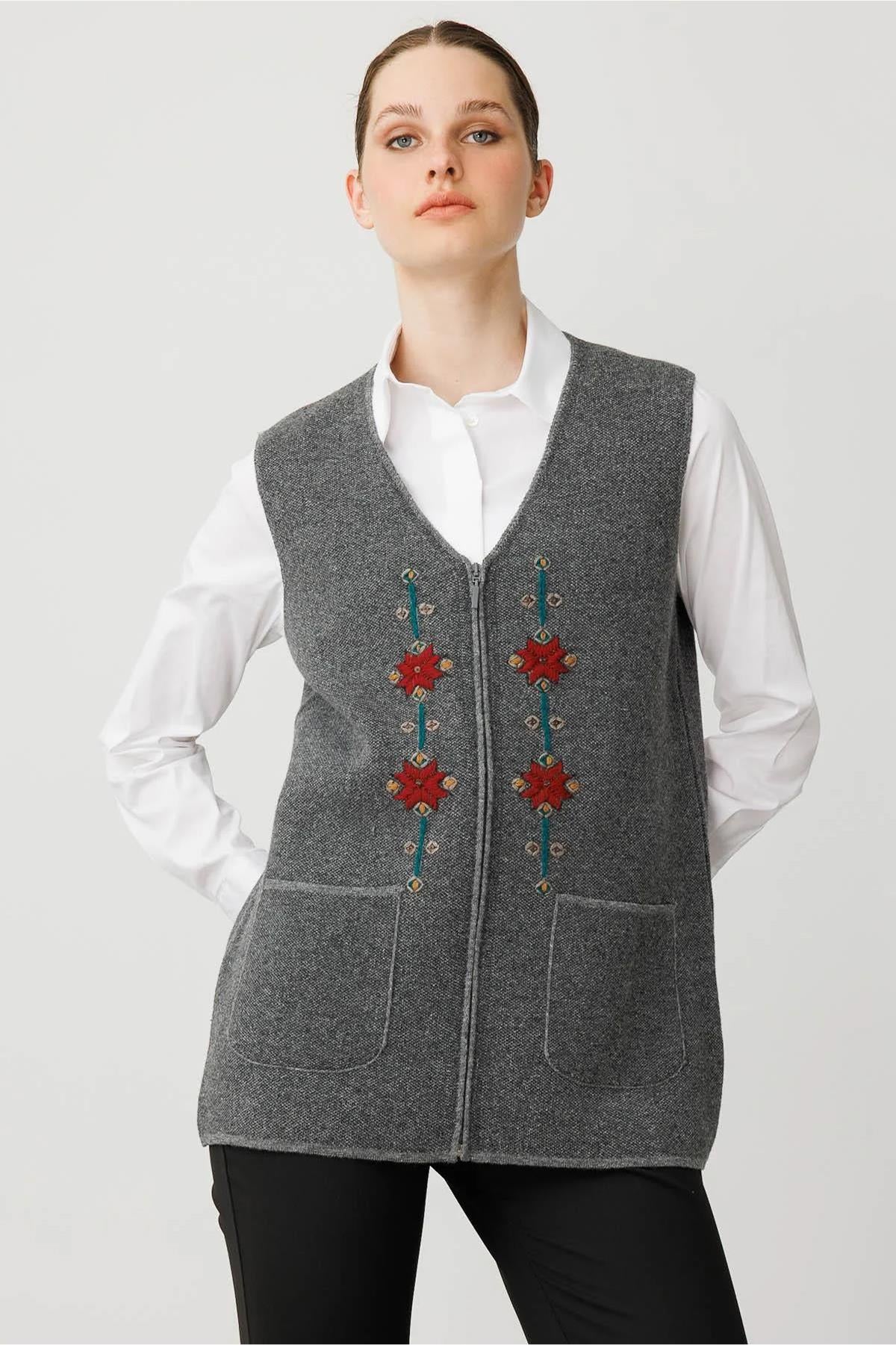 V-Neck Embroidered Zippered Short Vest