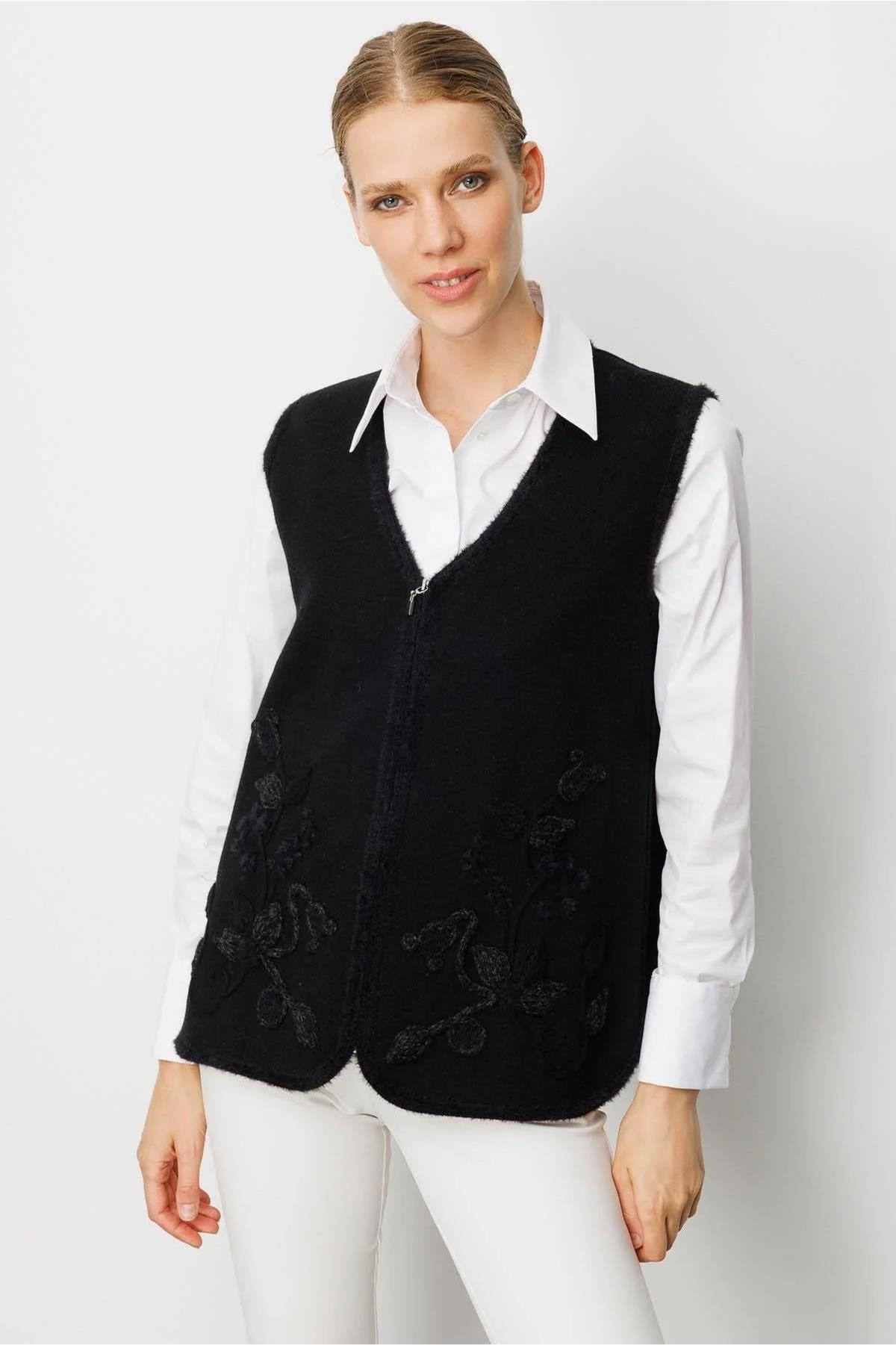 V-Neck Front Zippered Vest with Leaf and Floral Detail