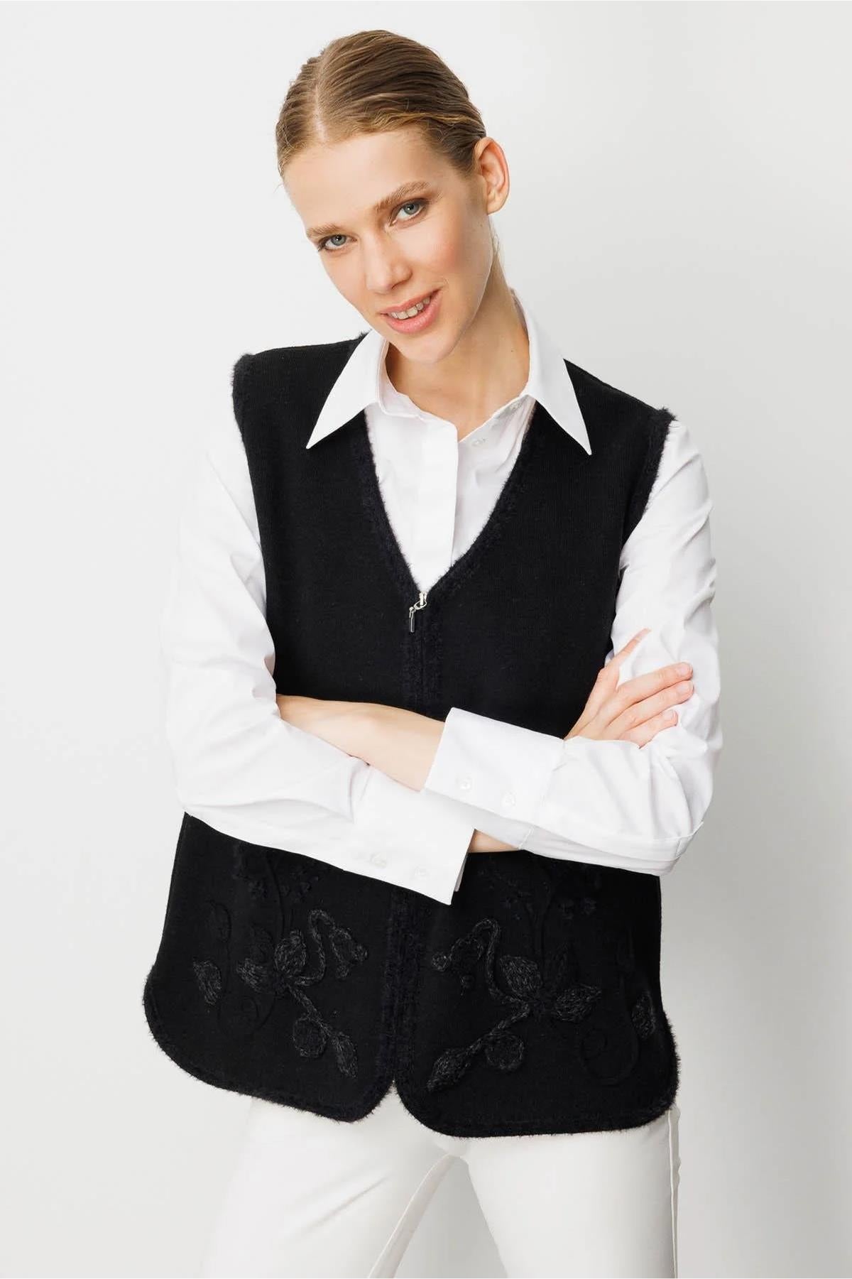 V-Neck Front Zippered Vest with Leaf and Floral Detail