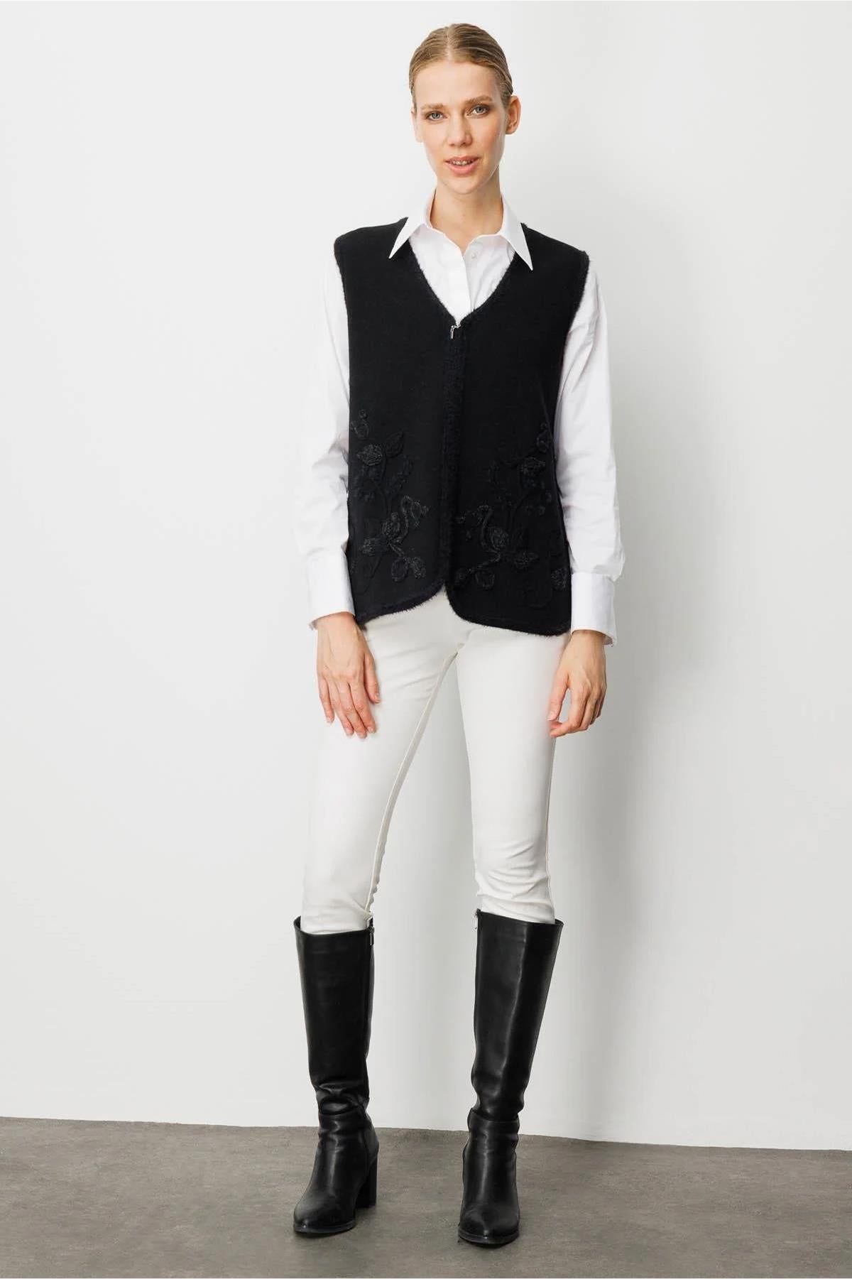V-Neck Front Zippered Vest with Leaf and Floral Detail