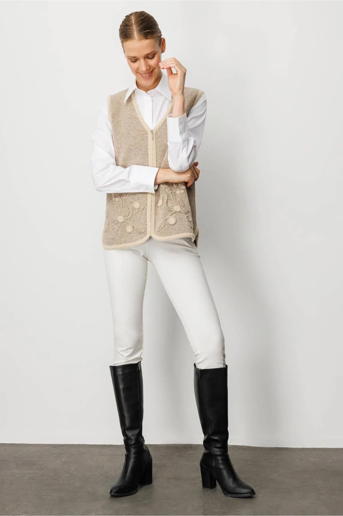 V-Neck Front Zippered Vest with Leaf and Floral Detail