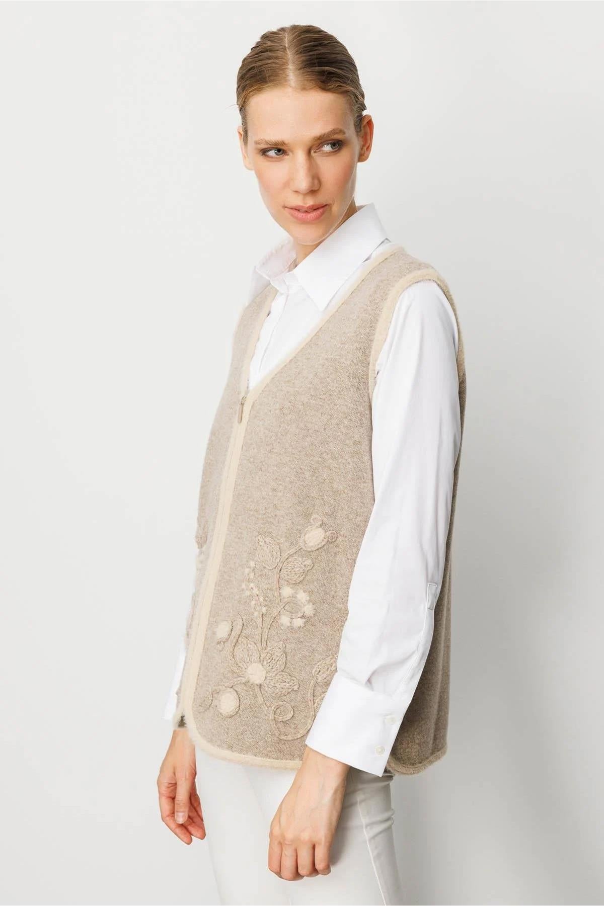 V-Neck Front Zippered Vest with Leaf and Floral Detail