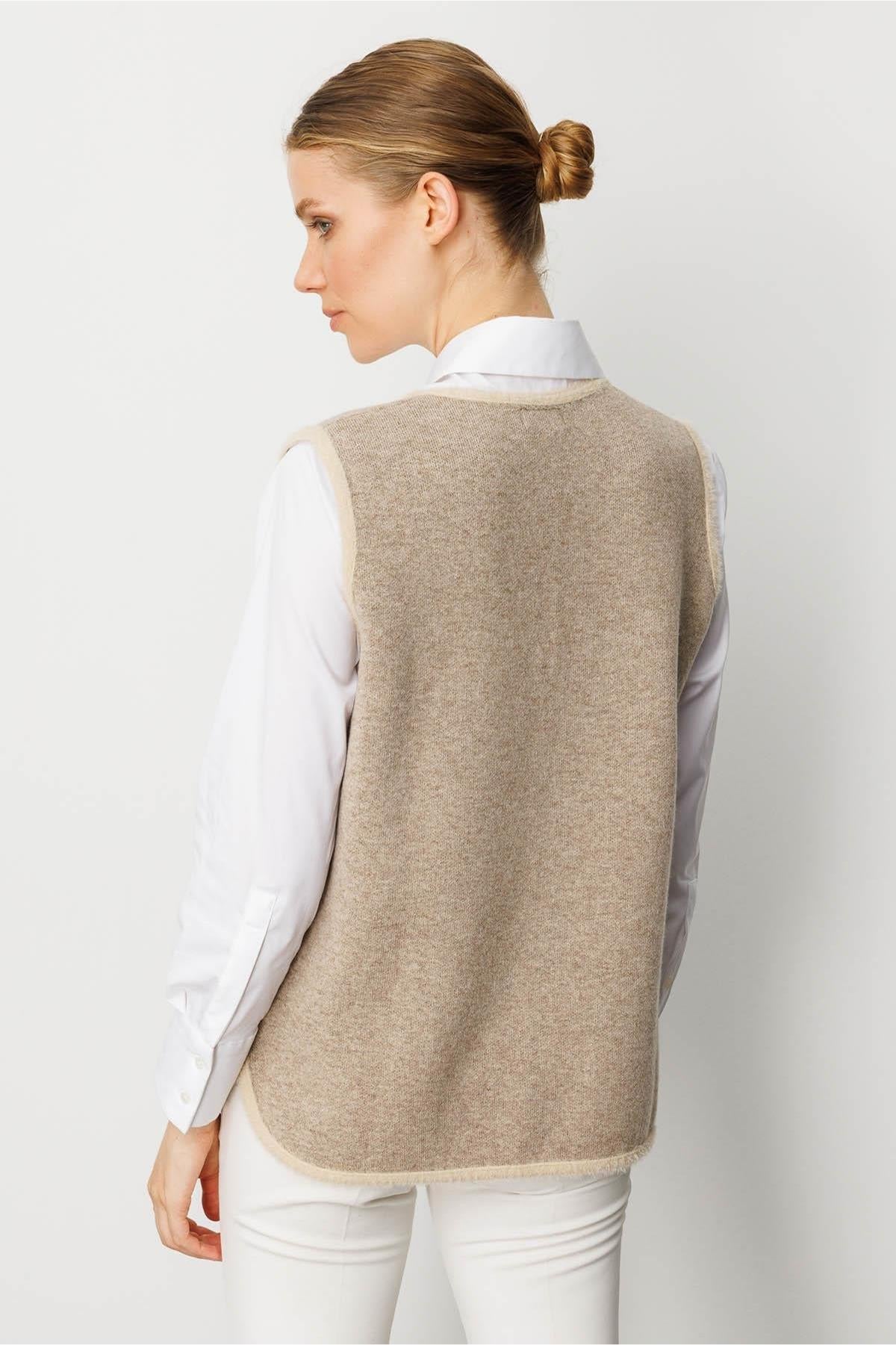 V-Neck Front Zippered Vest with Leaf and Floral Detail