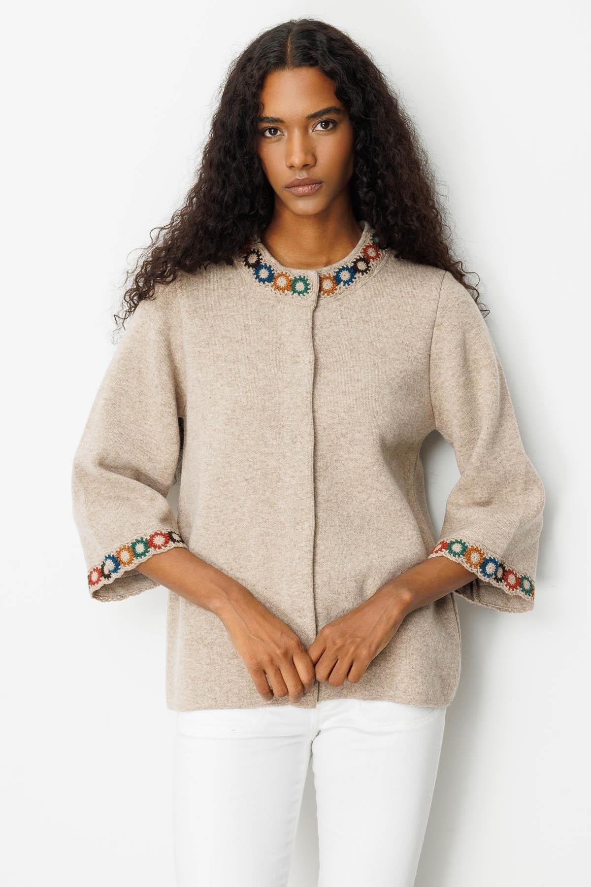 Short Cardigan with Embroidered Collar and Sleeves