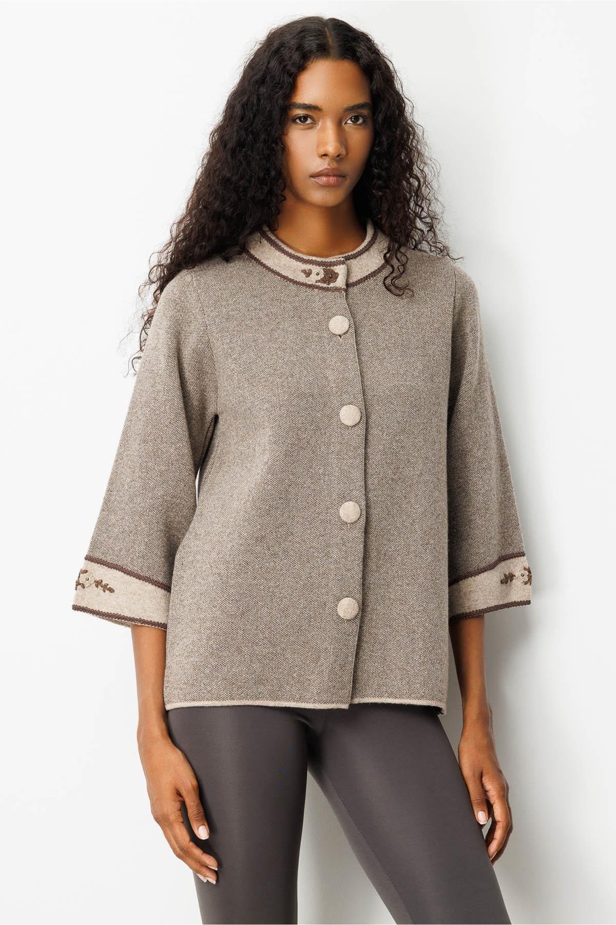 Stand Collar Jacket with Embroidered Sleeves and Collar