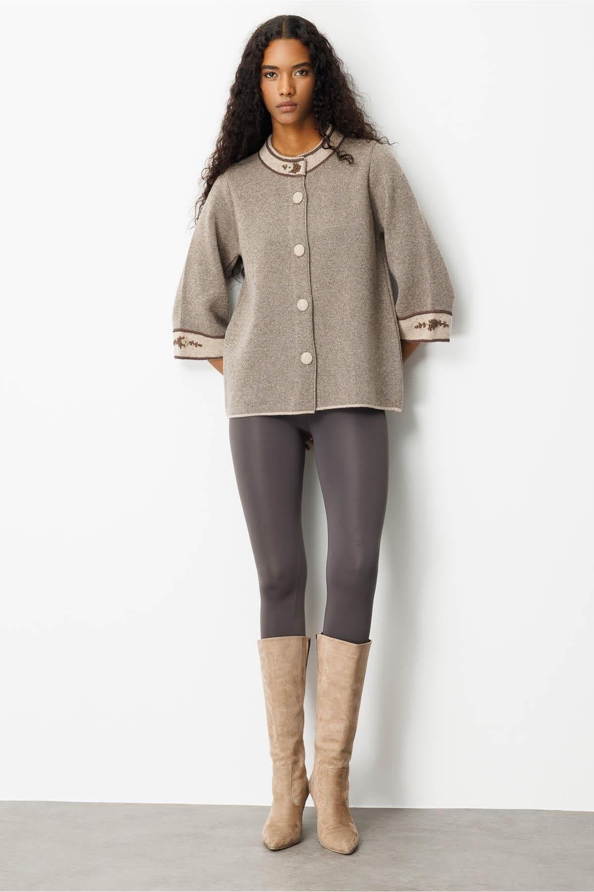 Stand Collar Jacket with Embroidered Sleeves and Collar