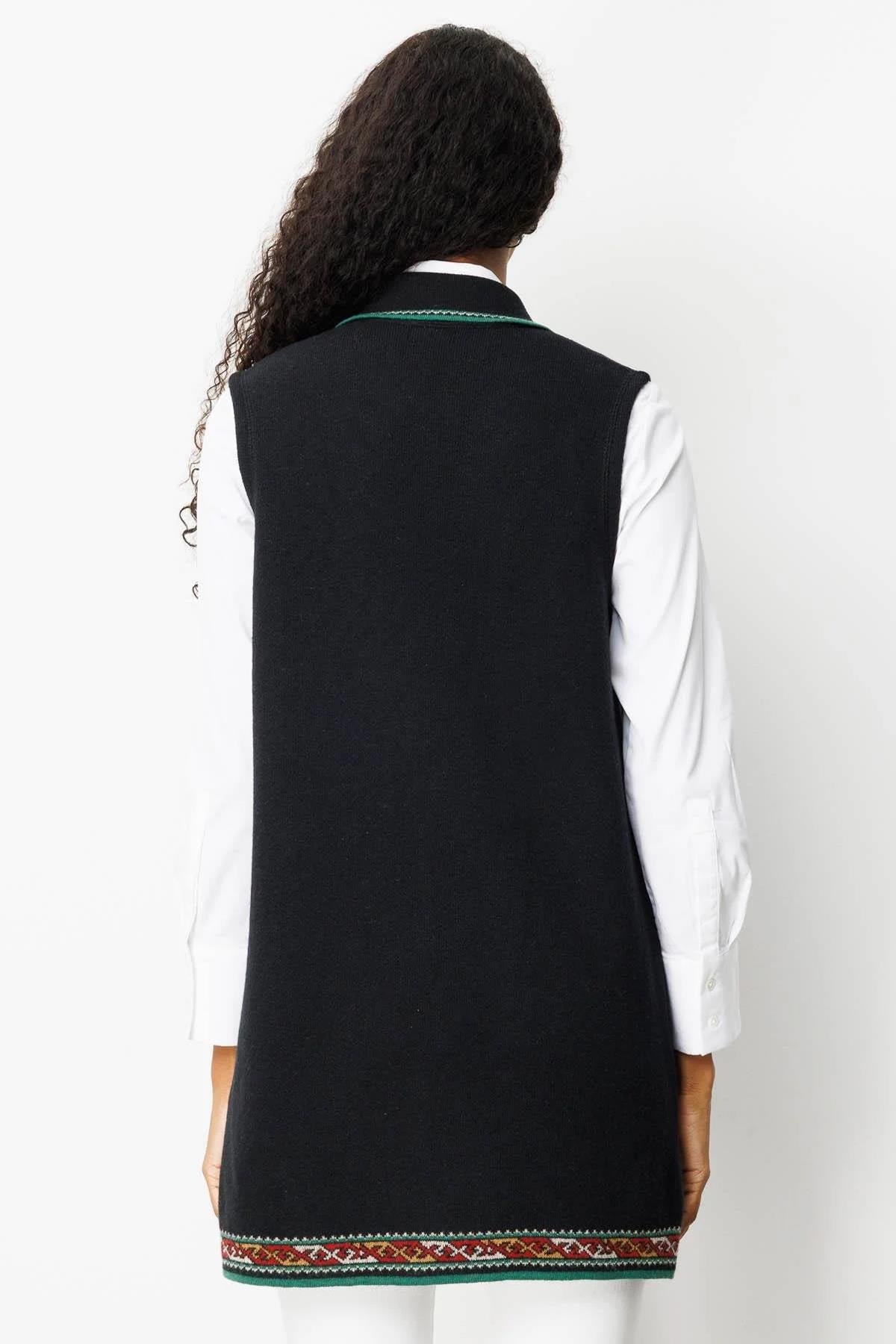 Polo Collar Long Vest with Kilim Pattern on the Hem