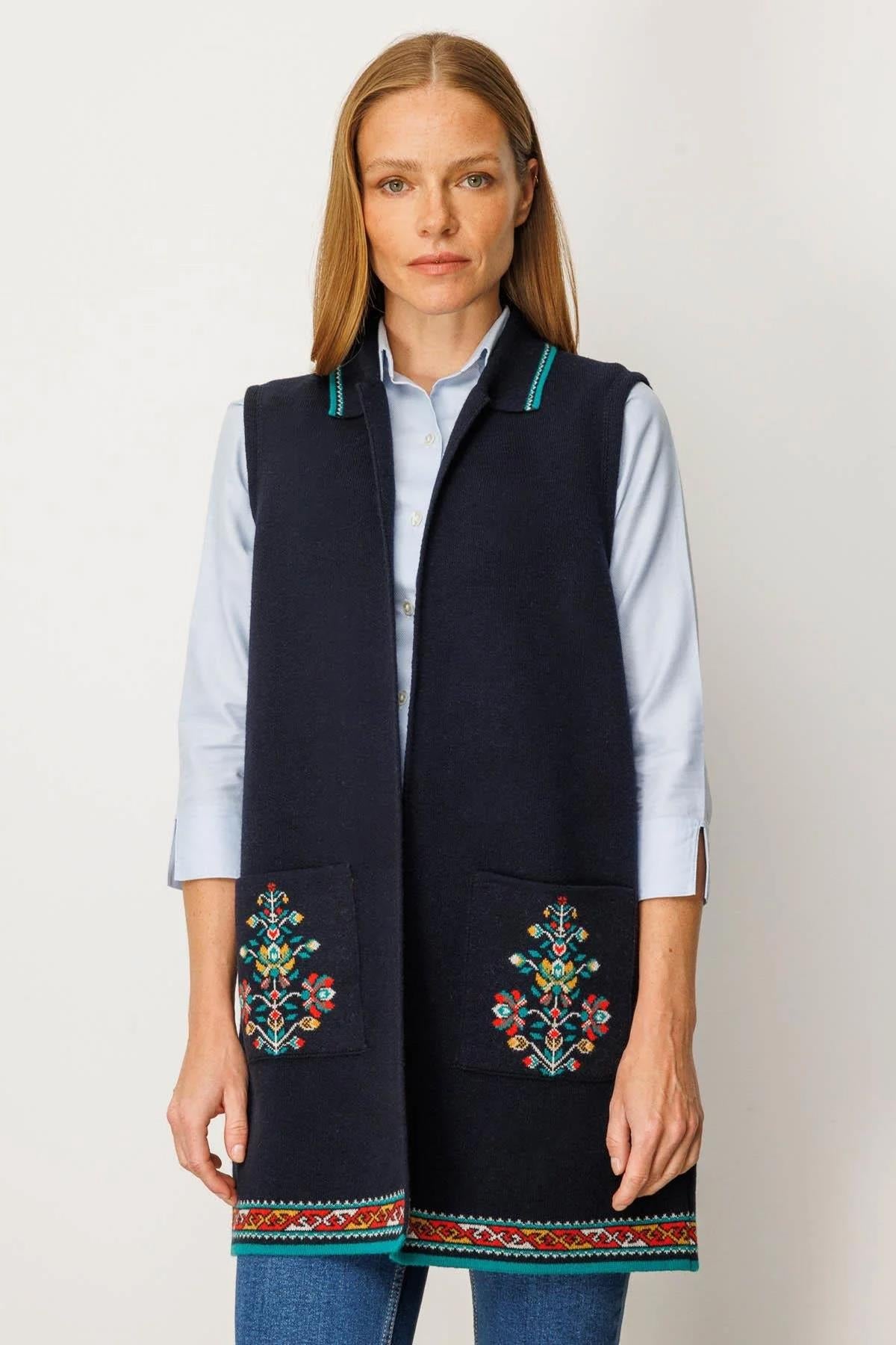 Polo Collar Long Vest with Kilim Pattern on the Hem