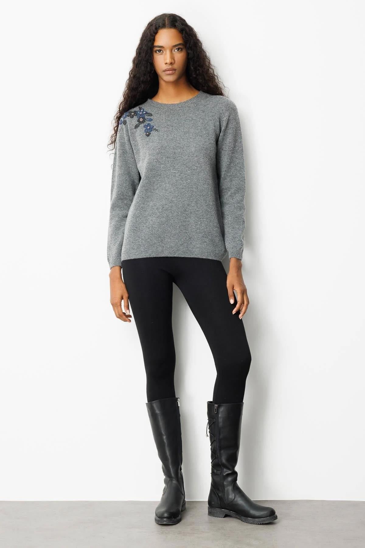 Crew Neck Embroidered Shoulder Sweater