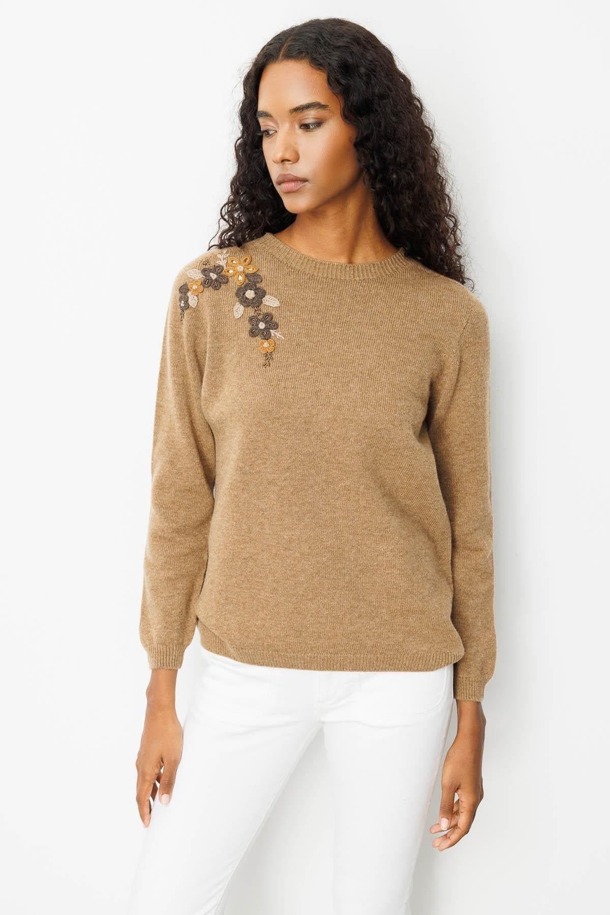 Crew Neck Embroidered Shoulder Sweater