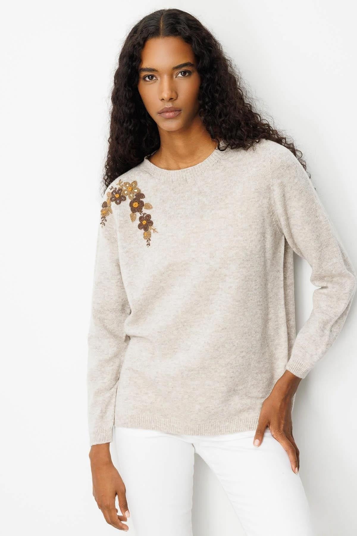 Crew Neck Embroidered Shoulder Sweater