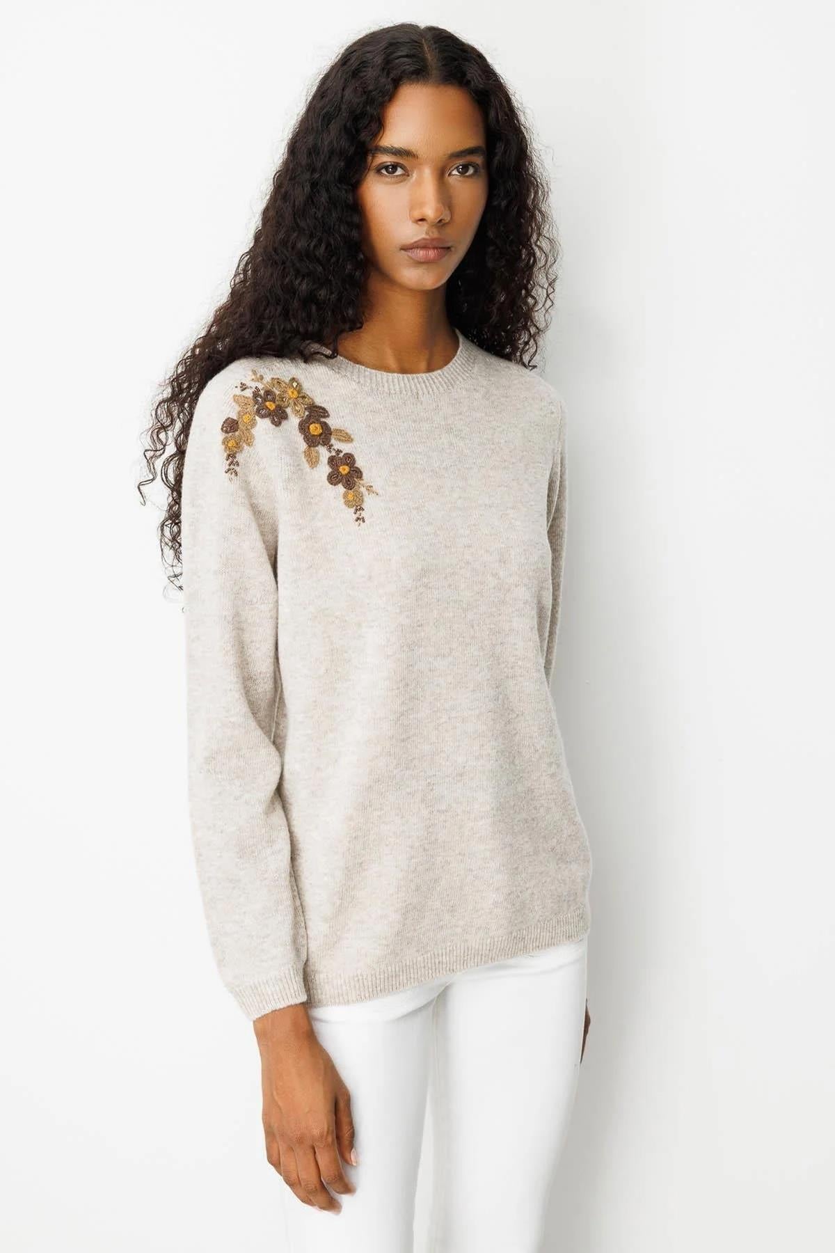 Crew Neck Embroidered Shoulder Sweater