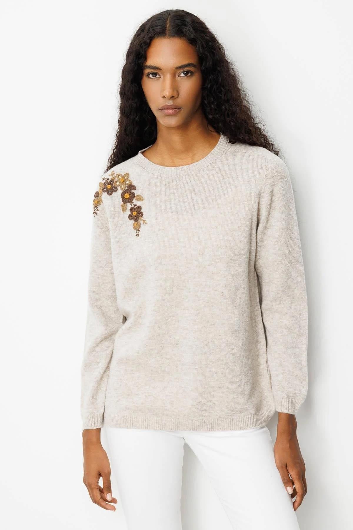Crew Neck Embroidered Shoulder Sweater