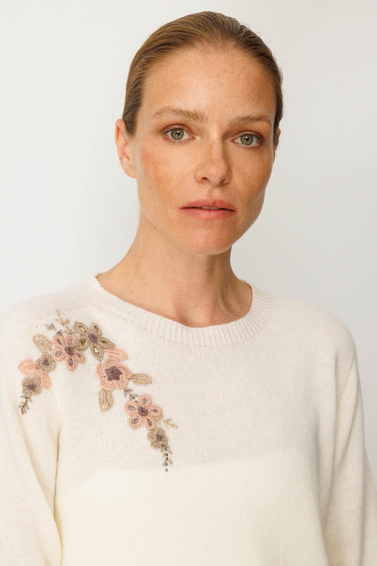 Crew Neck Embroidered Shoulder Sweater